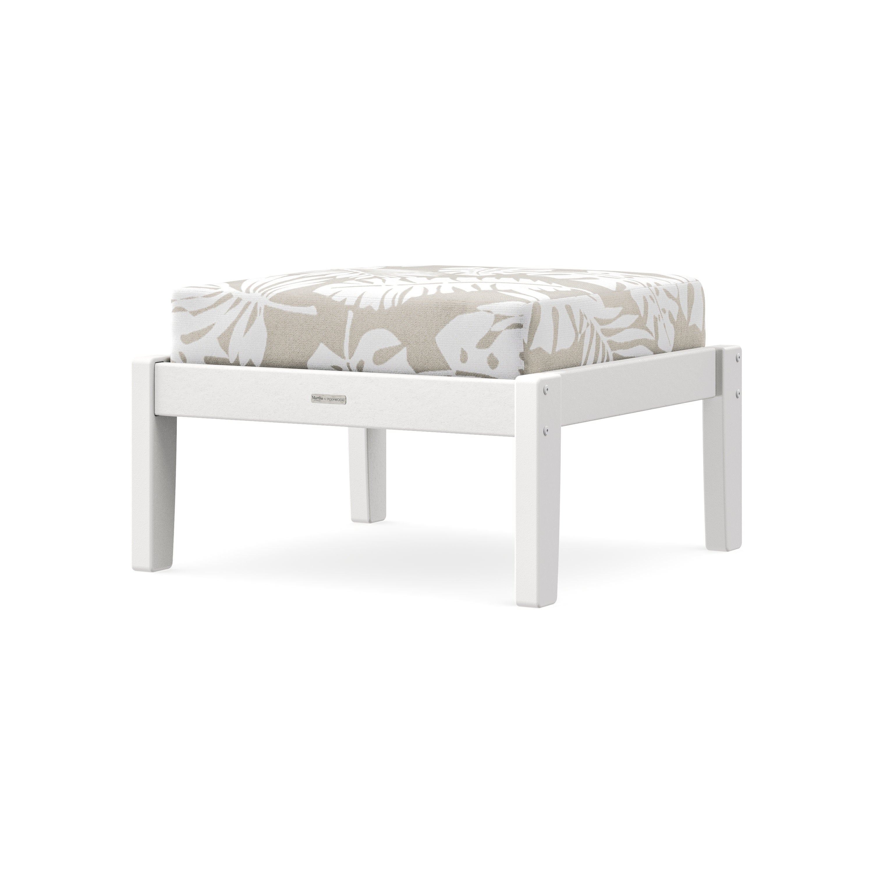 Chinoiserie Deep Seating Ottoman in White / Leaf Dune Burlap