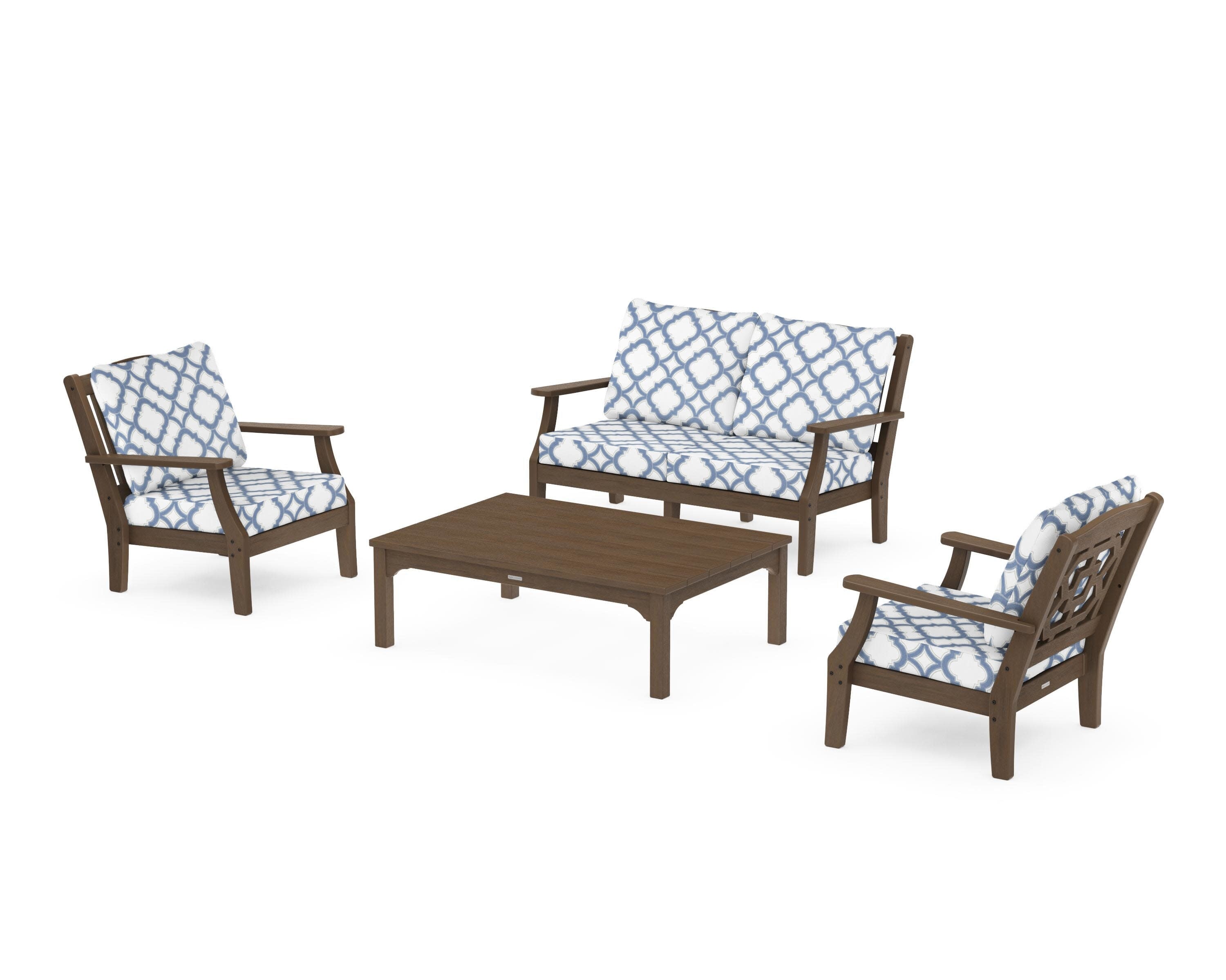 Chinoiserie 4-Piece Deep Seating Set with Loveseat in Kona / Trellis Sky Blue