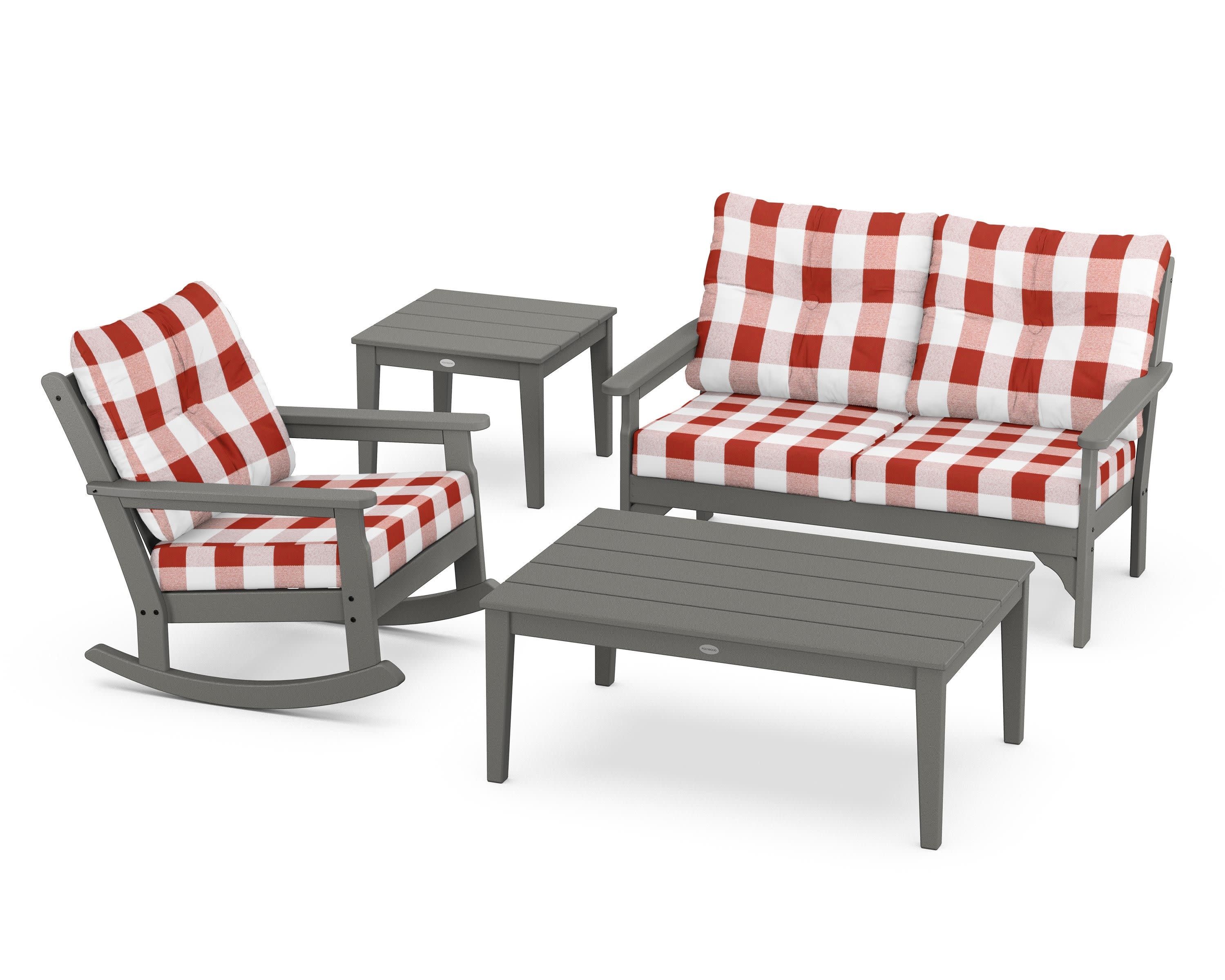 Vineyard 4-Piece Deep Seating Rocker Set in Slate Grey / Buffalo Plaid Crimson
