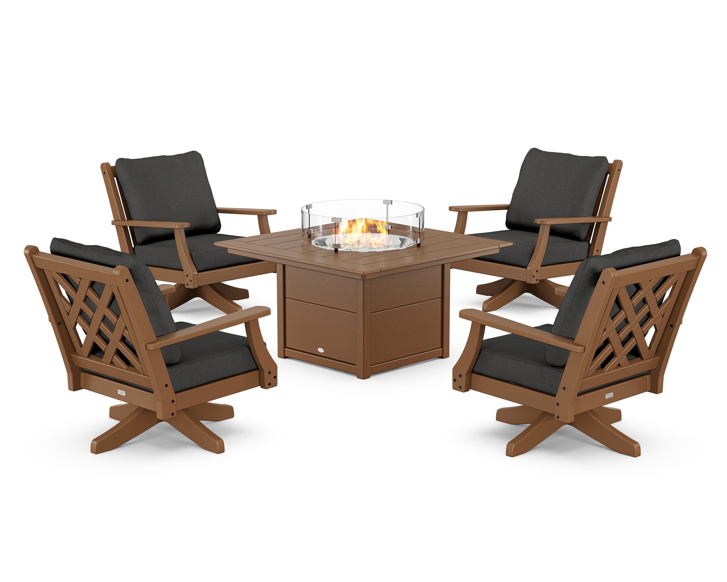 Wovendale 5-Piece Deep Seating Swivel Conversation Set with Fire Pit Table in Teak / Spectrum Carbon