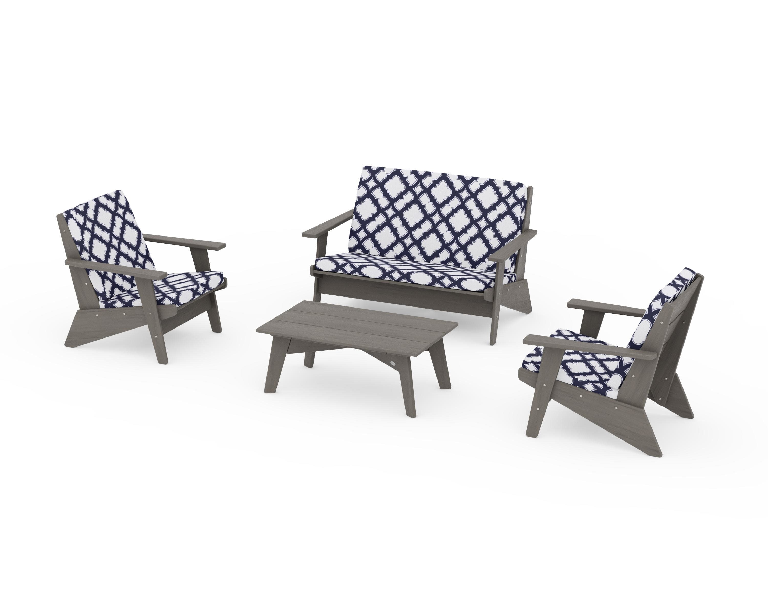Riviera Modern Lounge 4-Piece Set in Driftwood / Trellis Navy