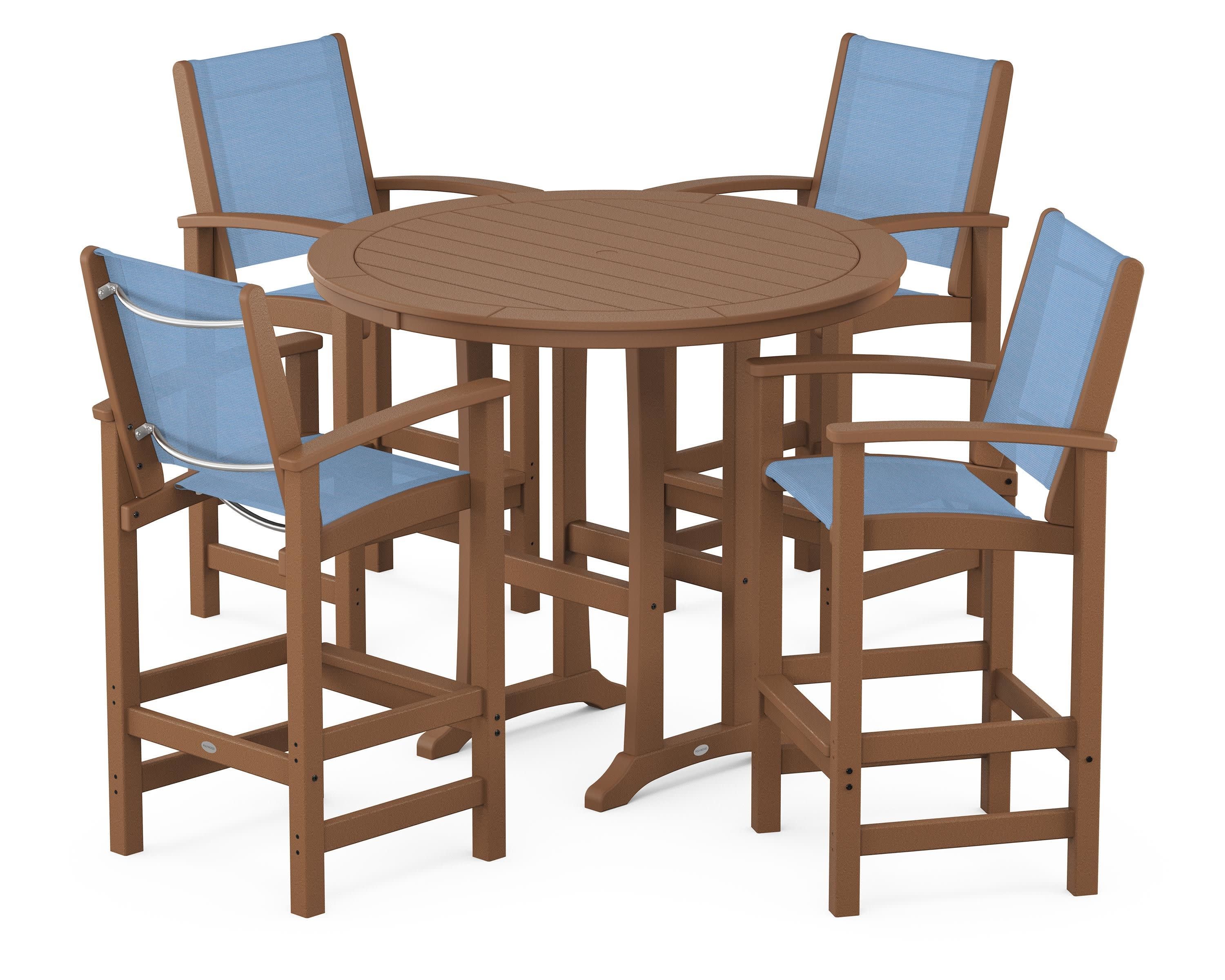 Coastal 5-Piece Nautical Trestle Bar Set in Teak / Poolside Sling