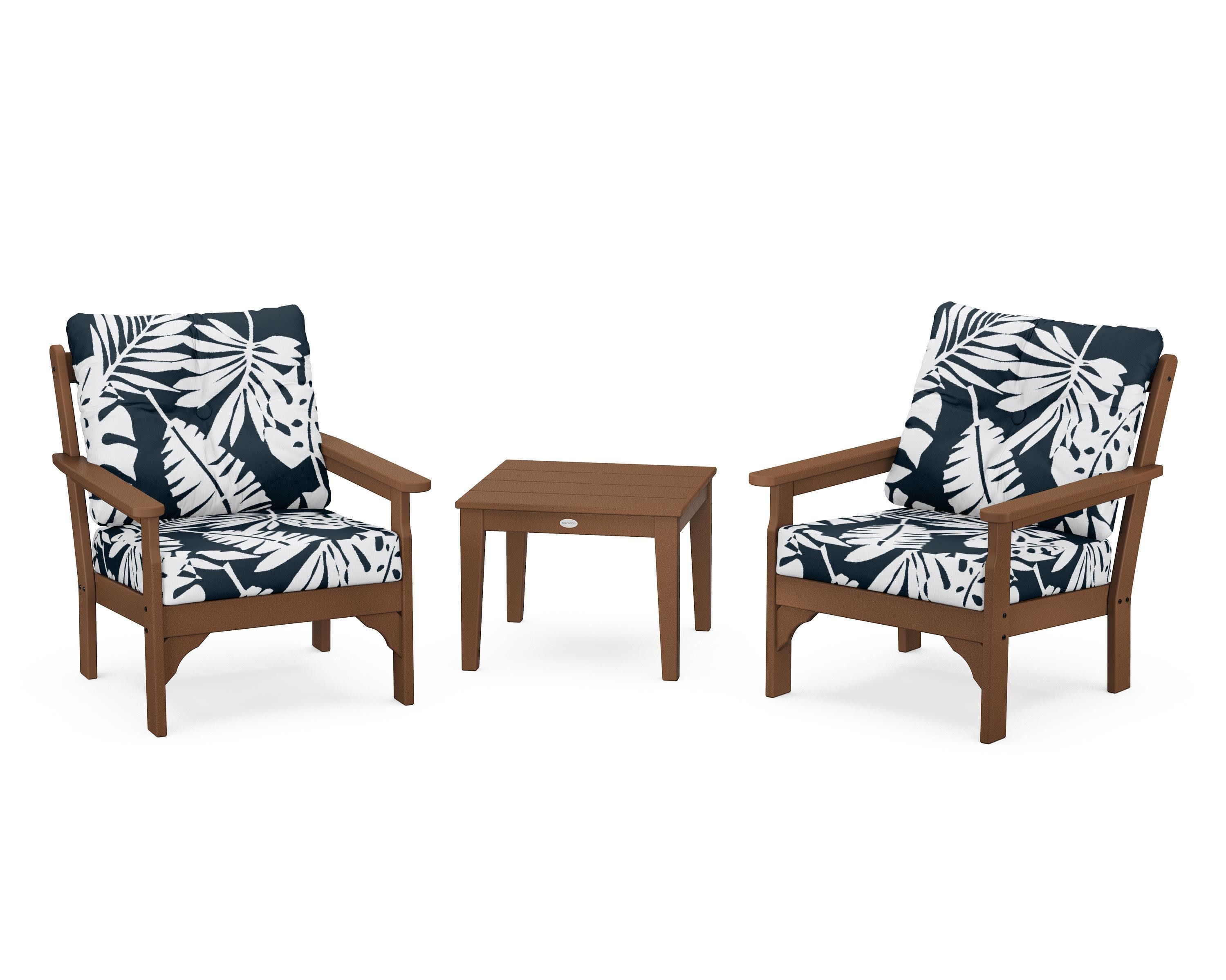 Vineyard 3-Piece Deep Seating Set in Teak / Leaf Marine Indigo