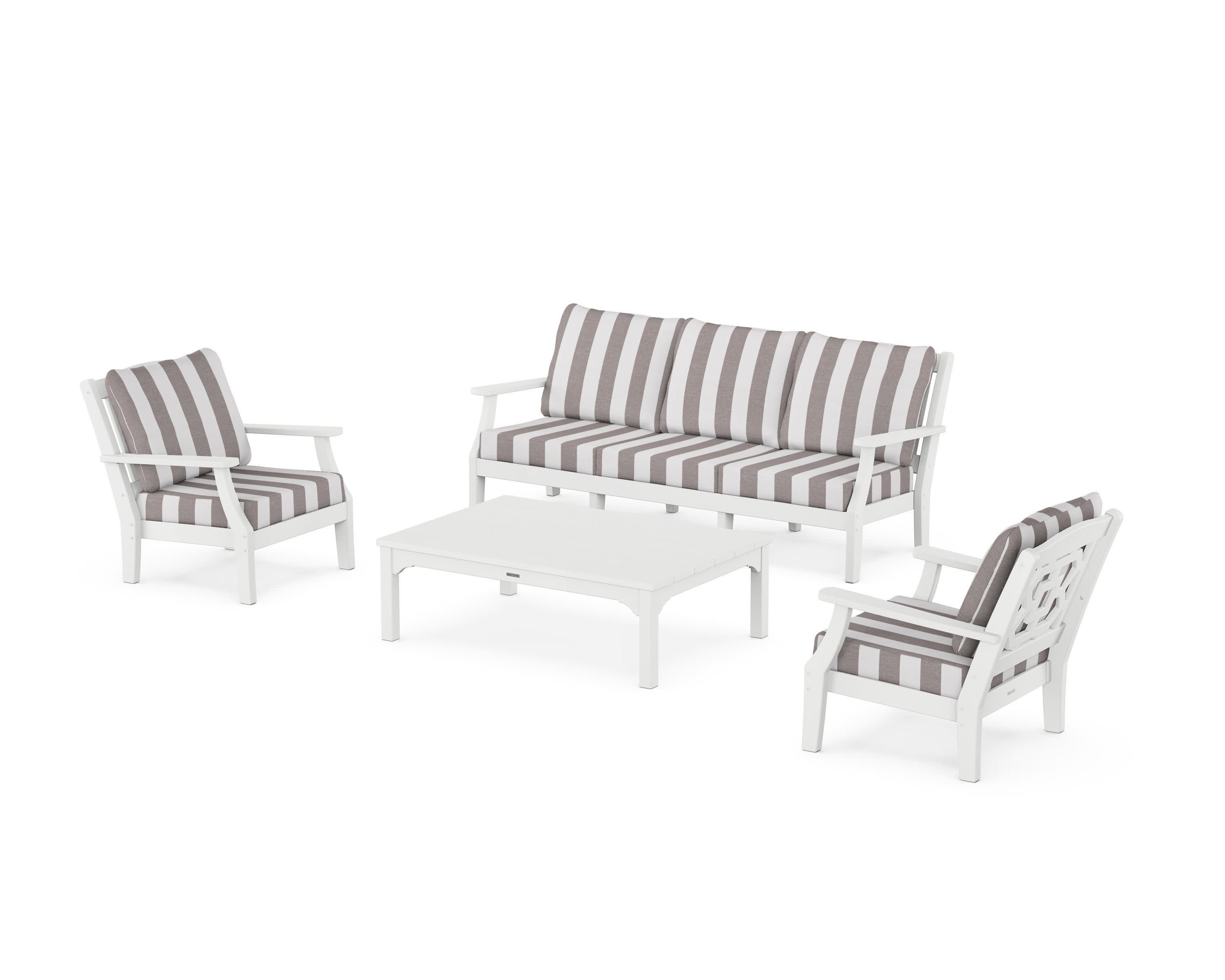 Chinoiserie 4-Piece Deep Seating Set with Sofa in White / Cabana Stripe Grey Mist