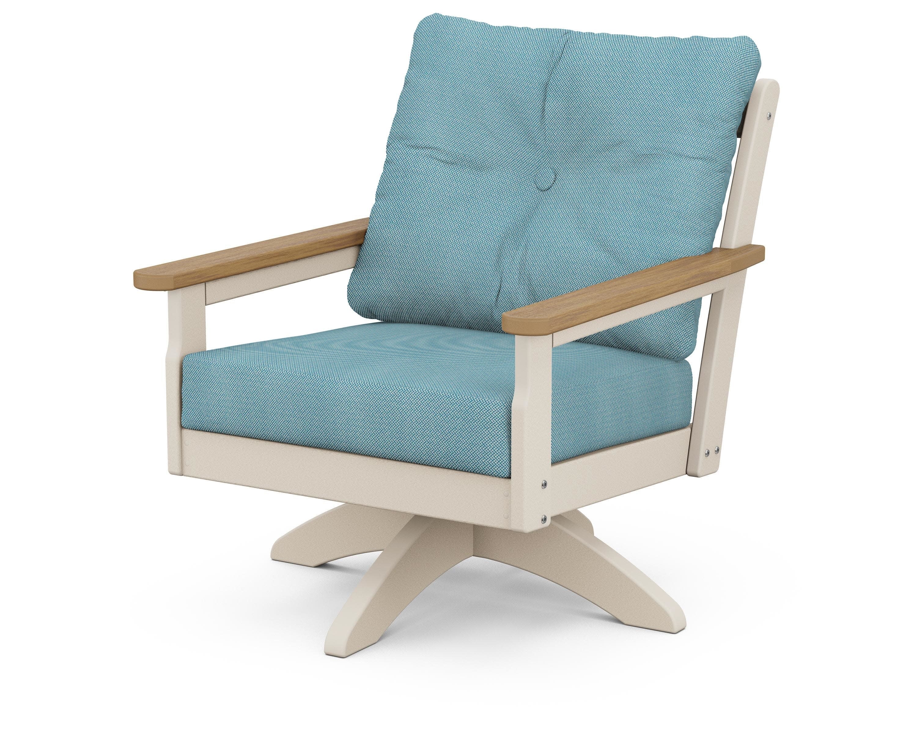 Vineyard Deep Seating Swivel Chair in Sand / Natural / Lattice Sky Blue