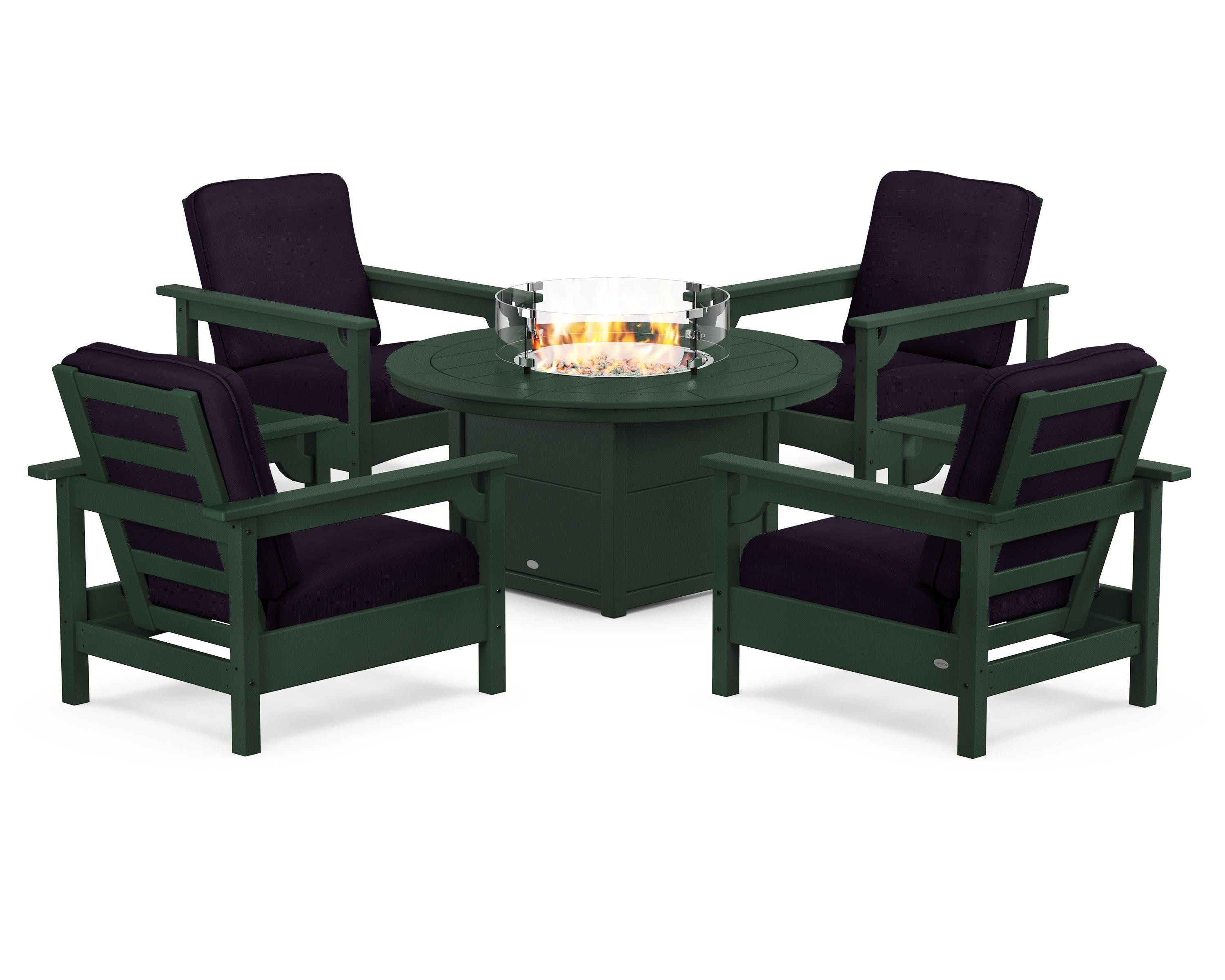 Club 5-Piece Conversation Set with Fire Pit Table in Green / Navy Linen