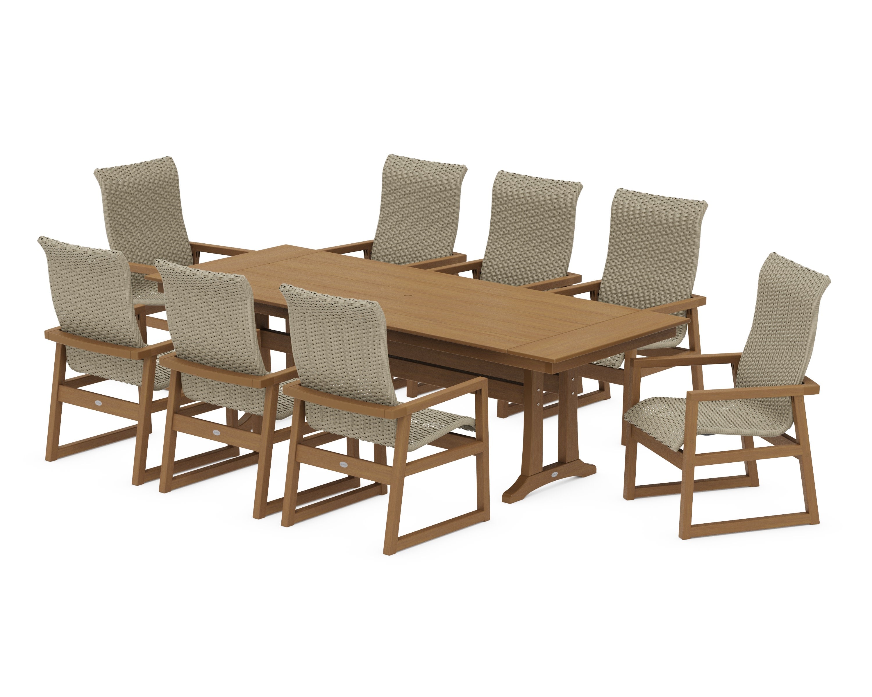 EDGE Woven Highback 9-Piece Farmhouse Dining Set with Trestle Legs in Natural / Dune Grass