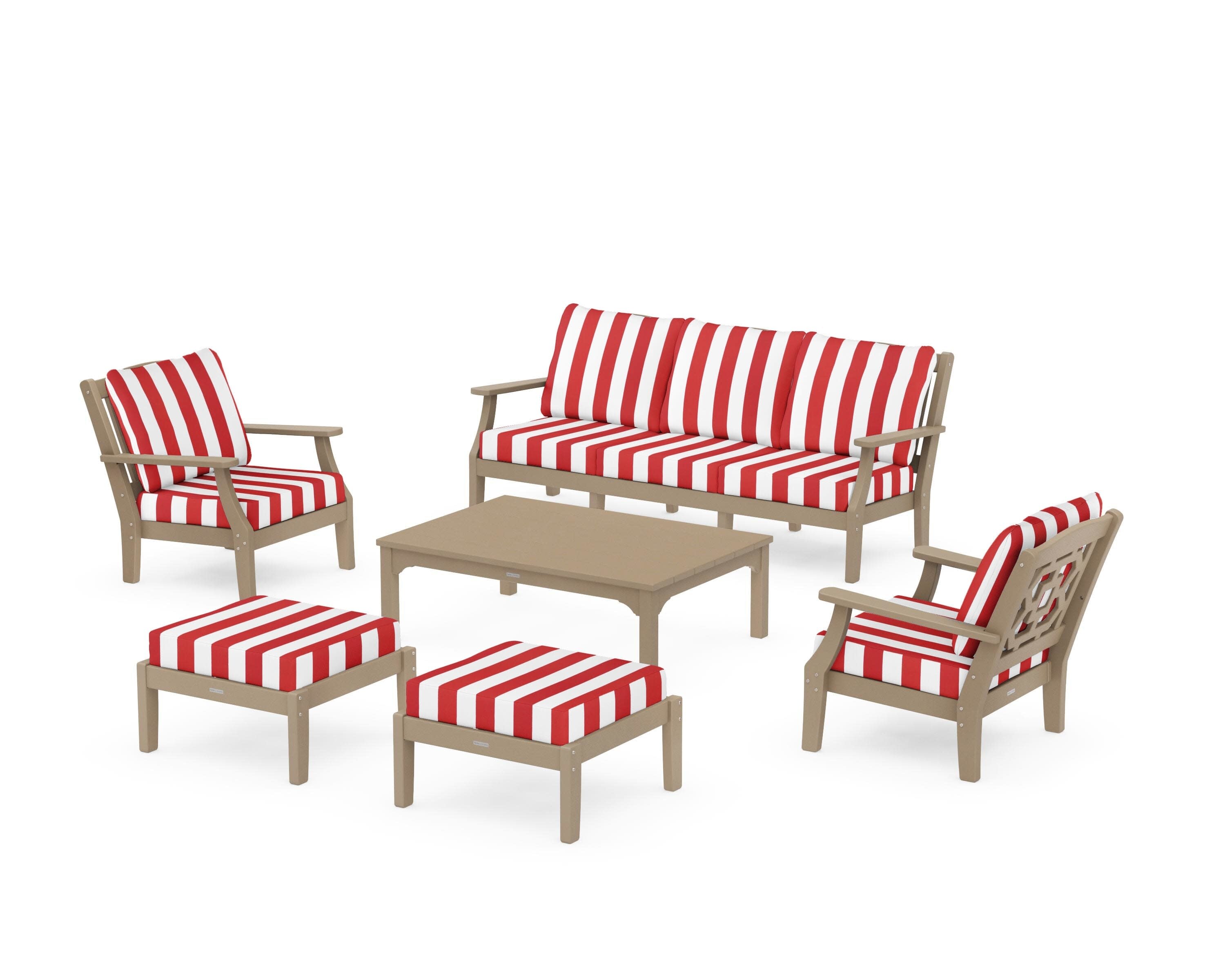 Chinoiserie 6-Piece Lounge Sofa Set in Vintage Sahara / Cabana Stripe Crimson