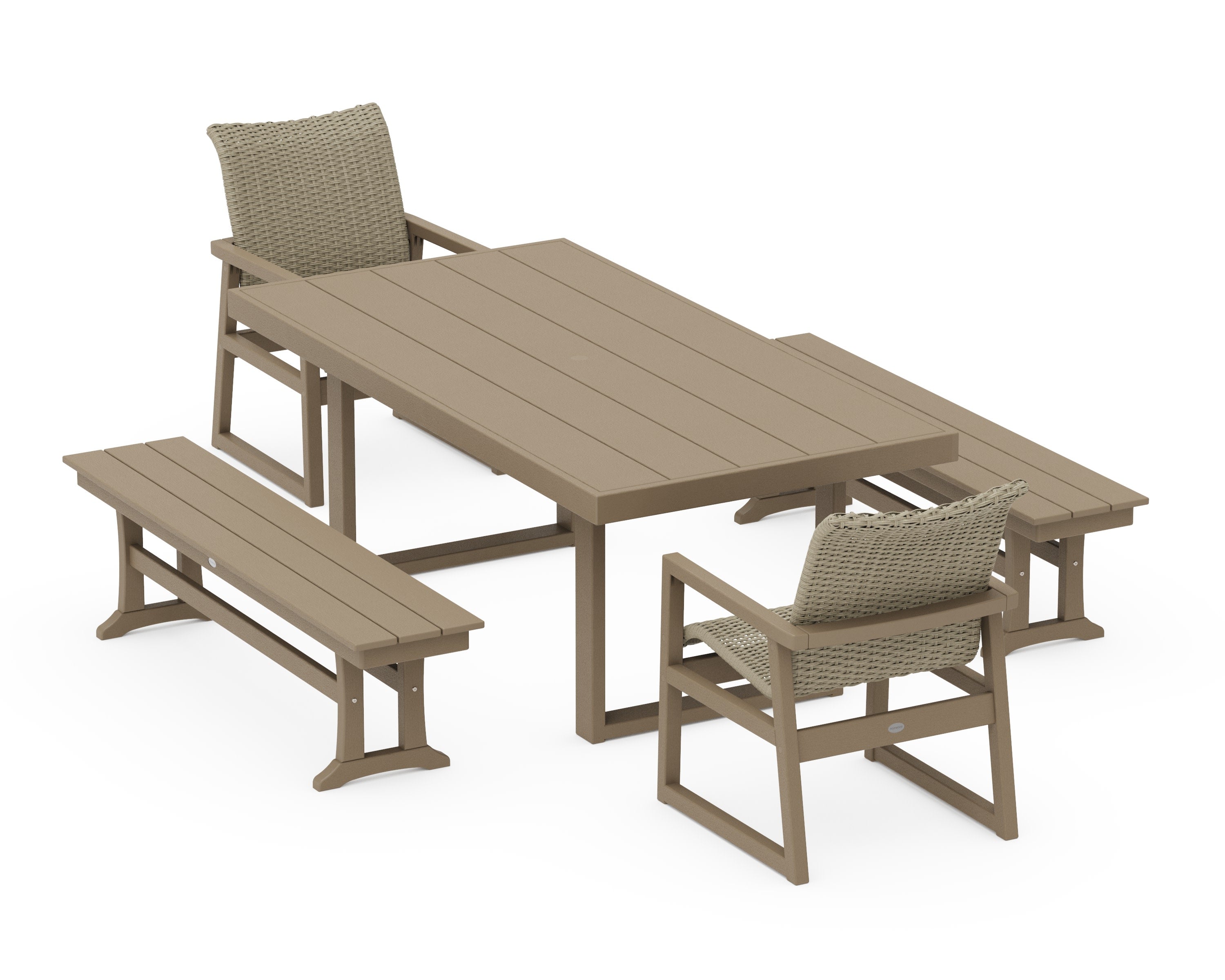 EDGE Woven 5-Piece Dining Set with Benches in Vintage Sahara / Dune Grass