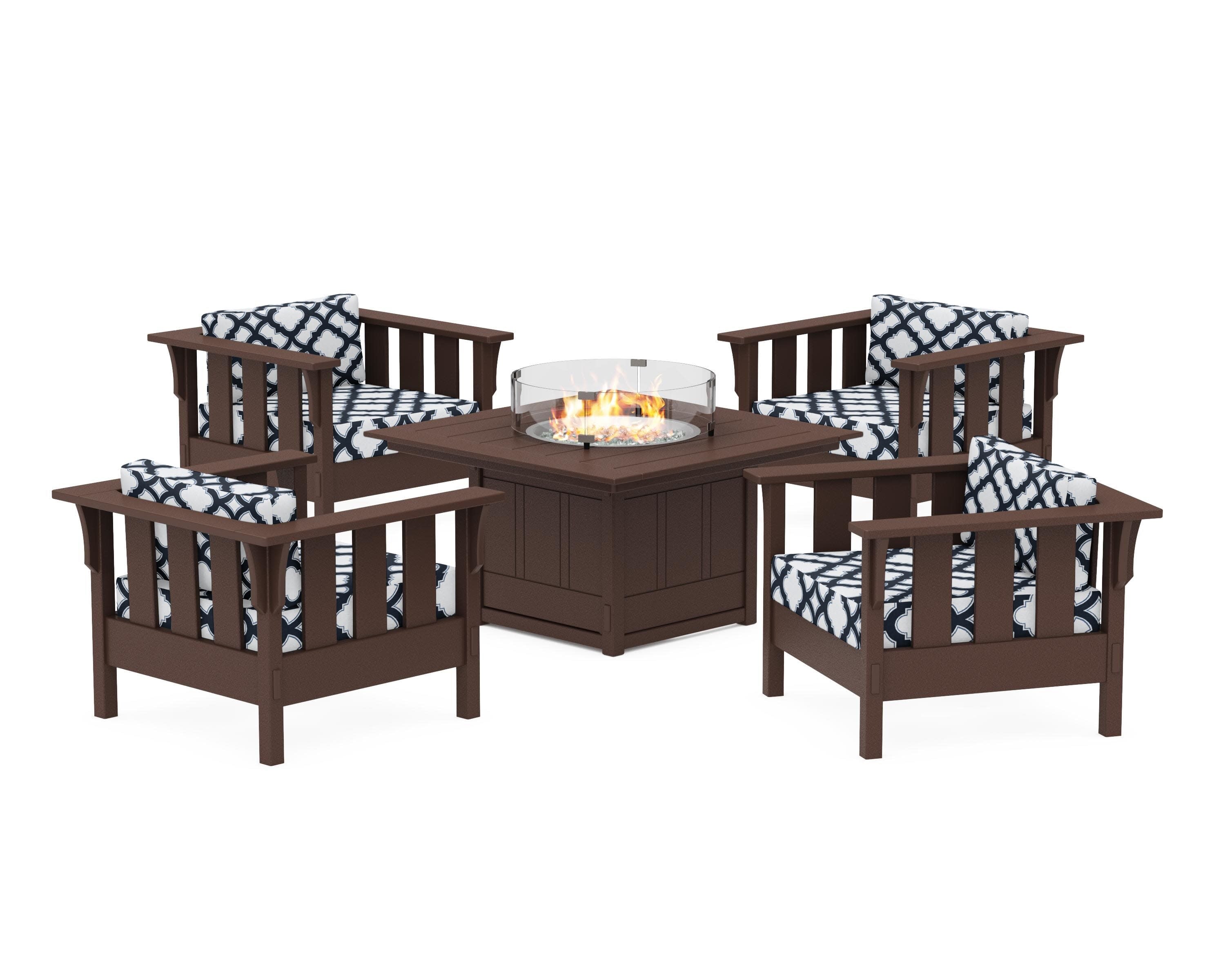 Acadia 5-Piece Deep Seating Set with Fire Pit Table in Mahogany / Trellis Marine Indigo