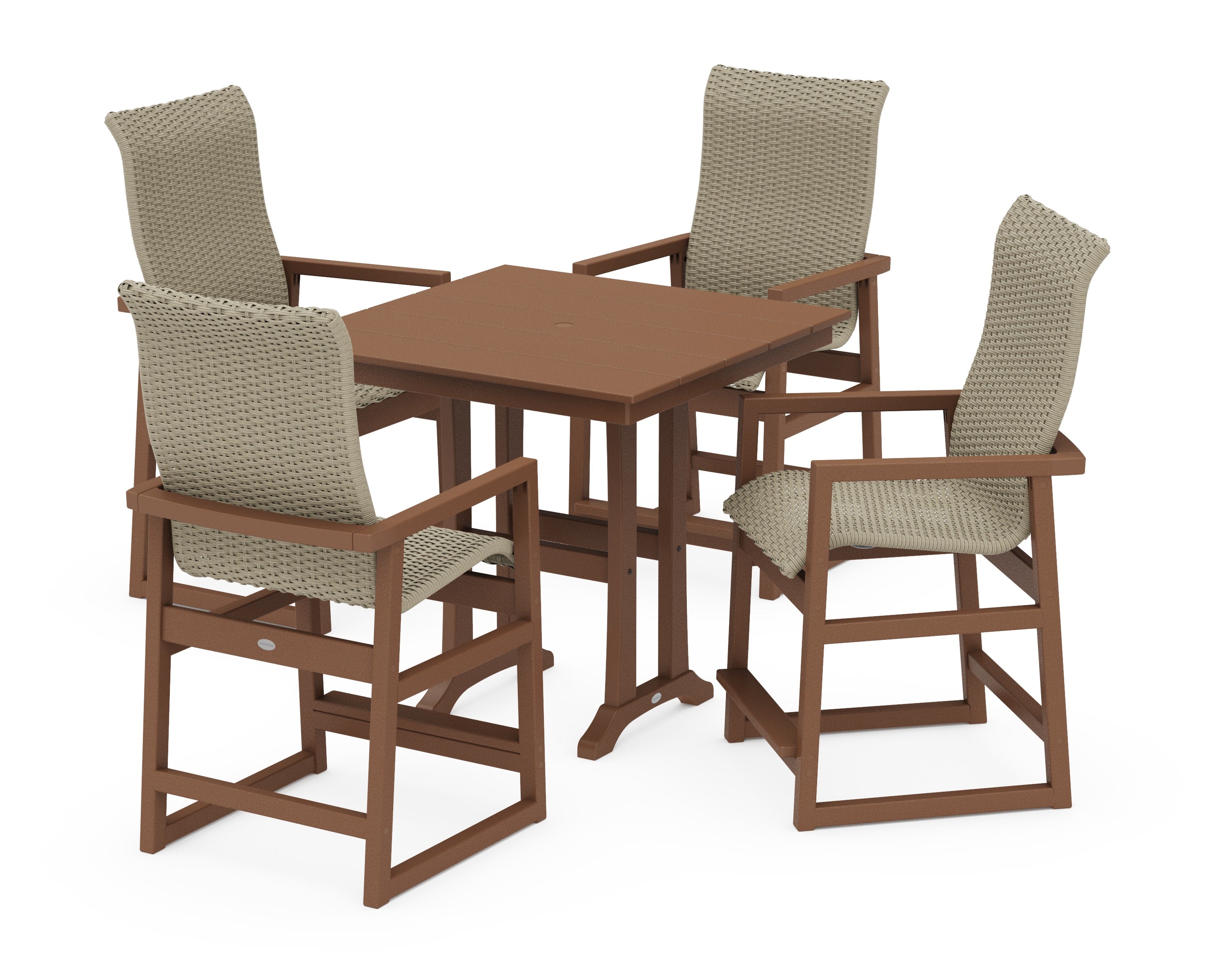 EDGE Woven Highback 5-Piece Farmhouse Counter Set with Trestle Legs in Teak / Dune Grass