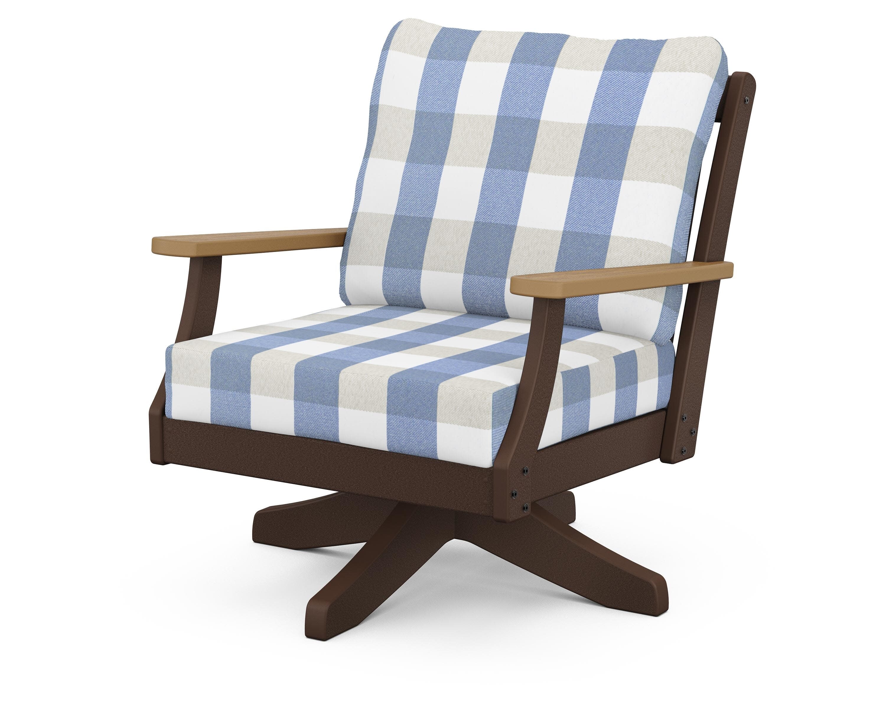 Braxton Deep Seating Swivel Chair in Mahogany / Natural / Buffalo Plaid Sky Blue
