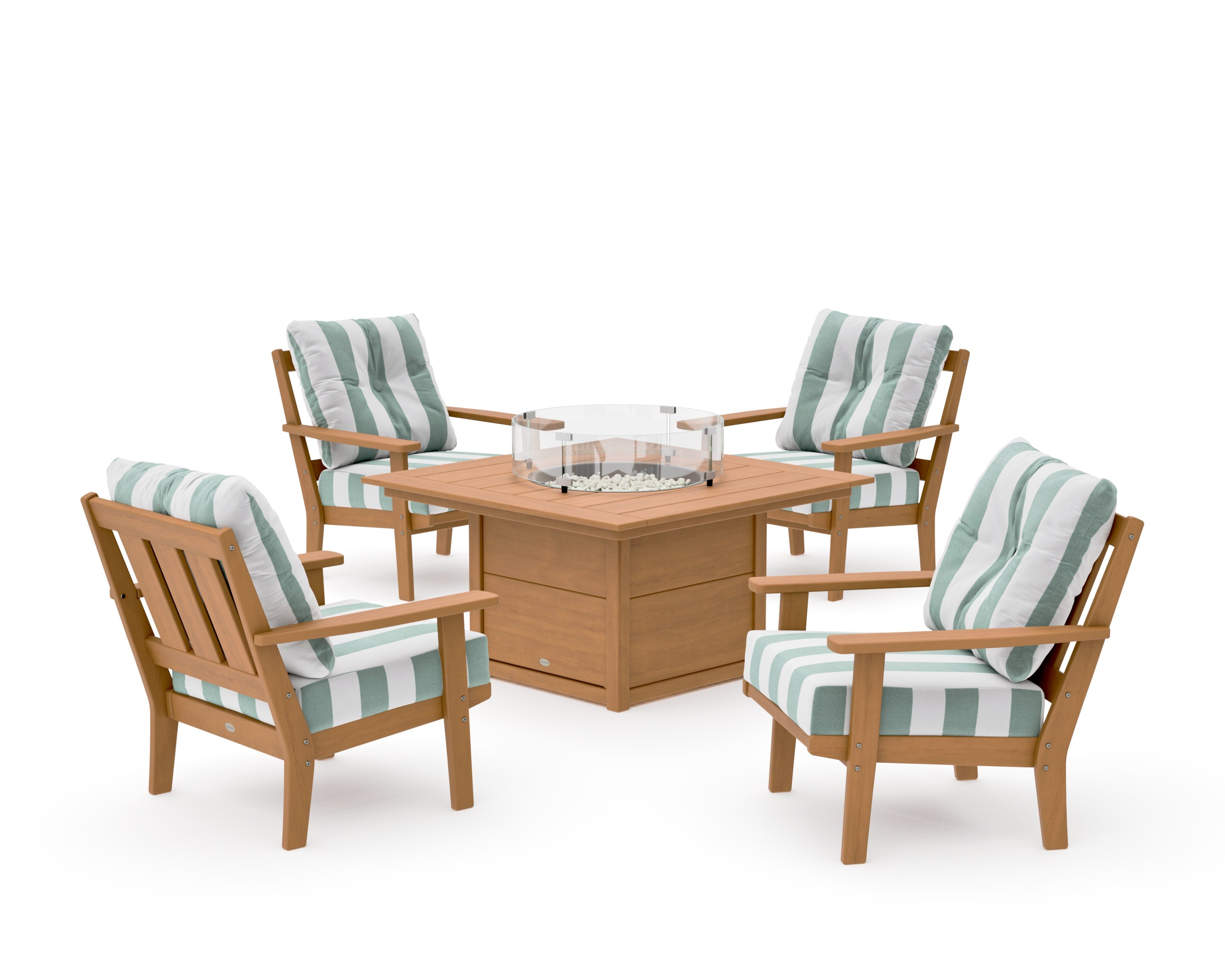 Oxford 5-Piece Deep Seating Set with Fire Pit Table in Natural / Cabana Stripe Glacier Spa
