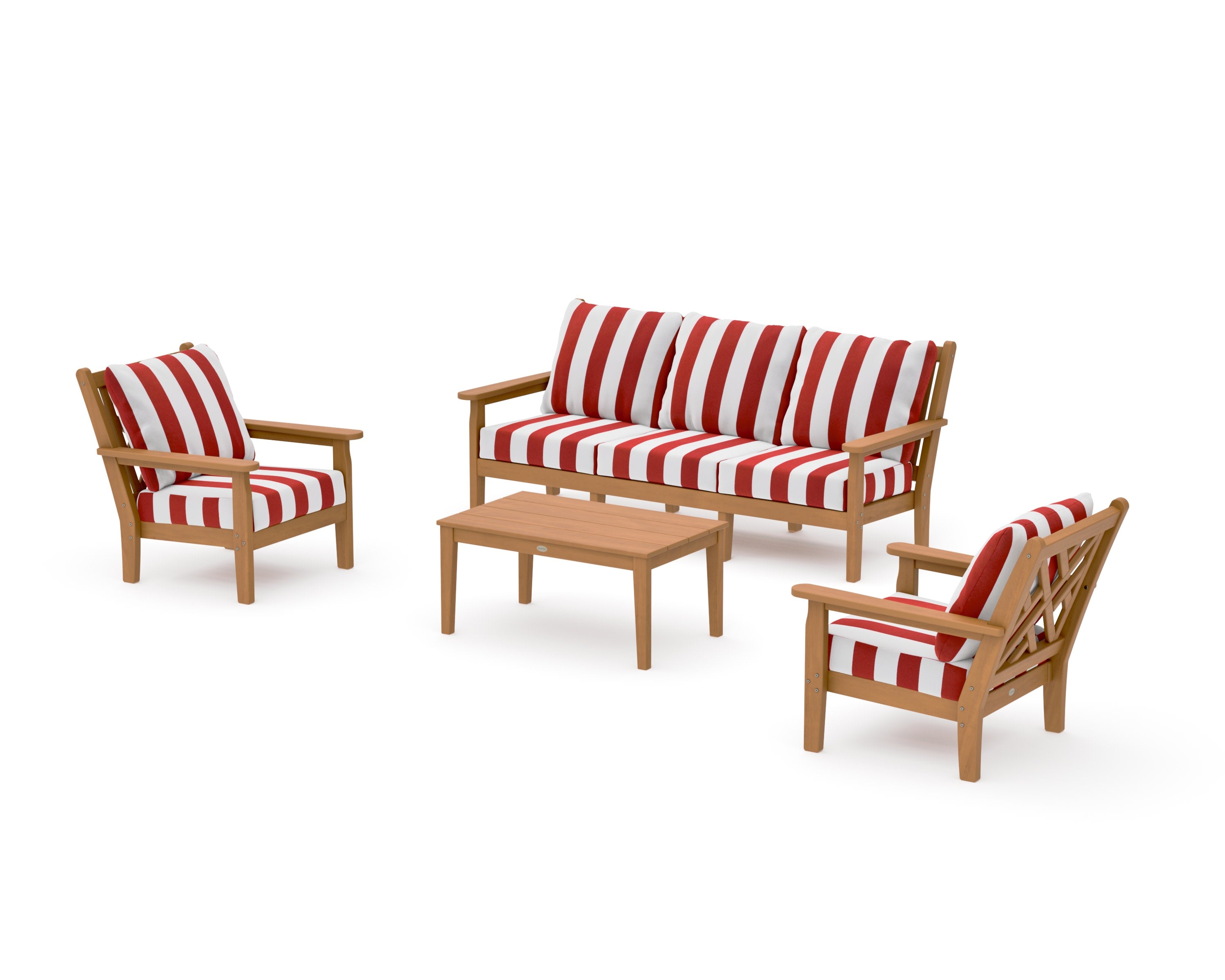 Chippendale 4-Piece Deep Seating Set with Sofa in Natural / Cabana Stripe Crimson