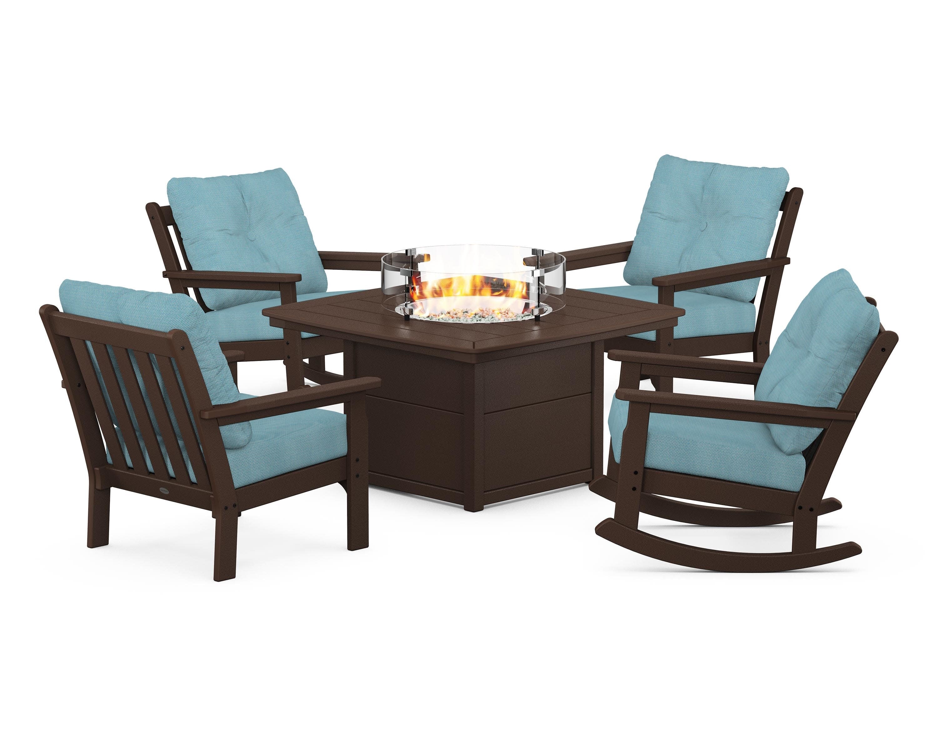 Vineyard 5-Piece Deep Seating Rocking Chair Conversation Set with Fire Pit Table in Mahogany / Lattice Sky Blue