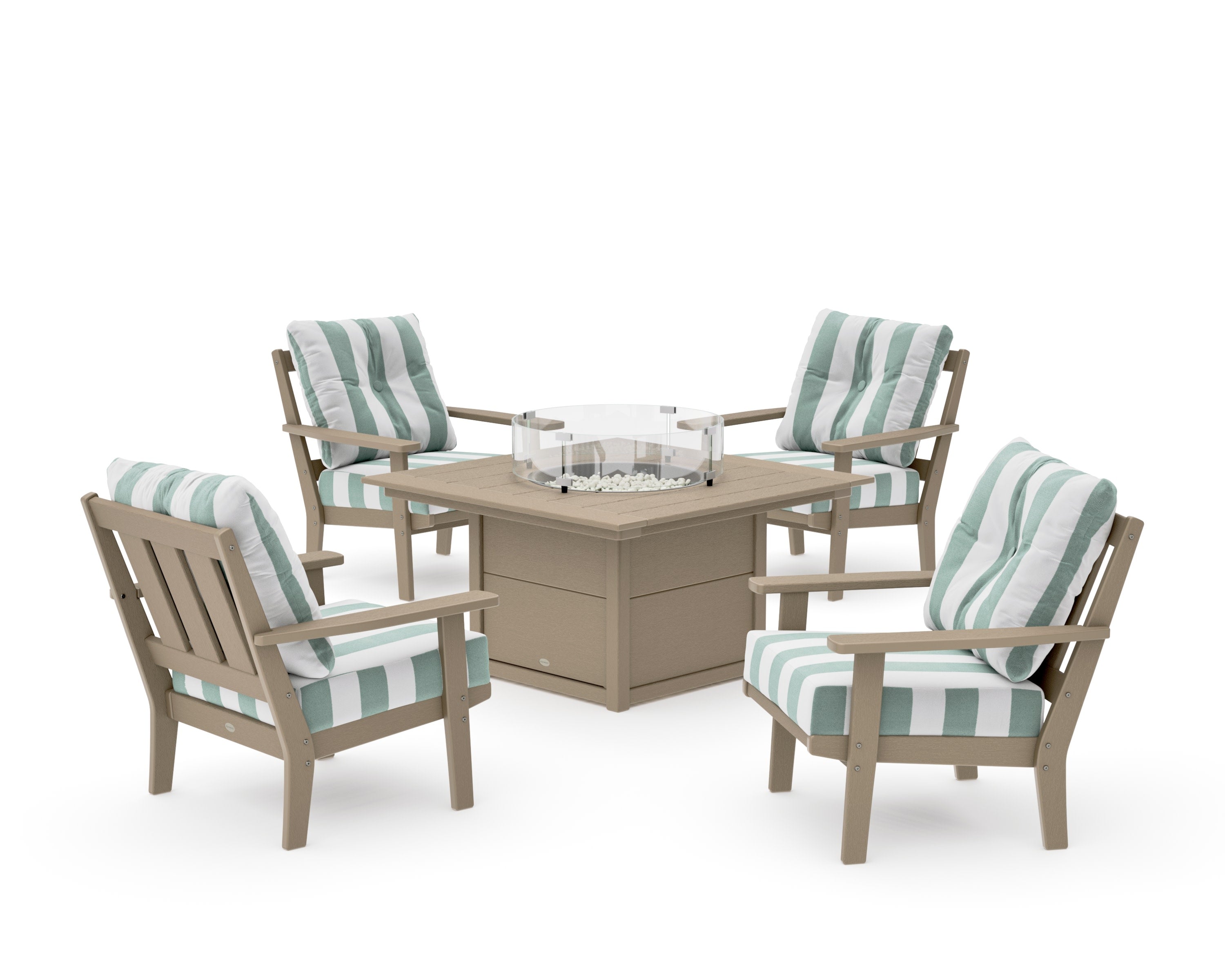 Oxford 5-Piece Deep Seating Set with Fire Pit Table in Vintage Sahara / Cabana Stripe Glacier Spa