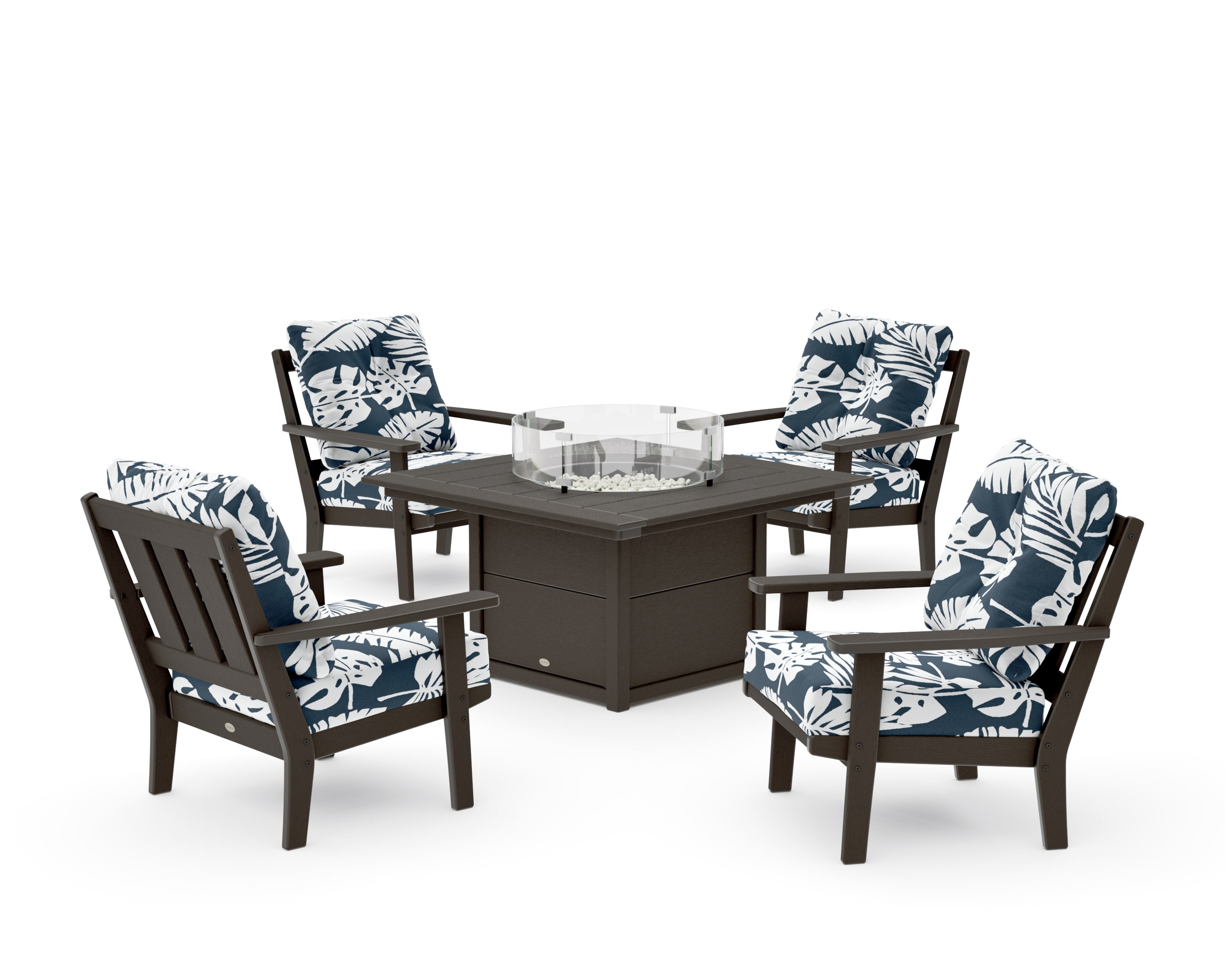 Oxford 5-Piece Deep Seating Set with Fire Pit Table in Vintage Coffee / Leaf Marine Indigo