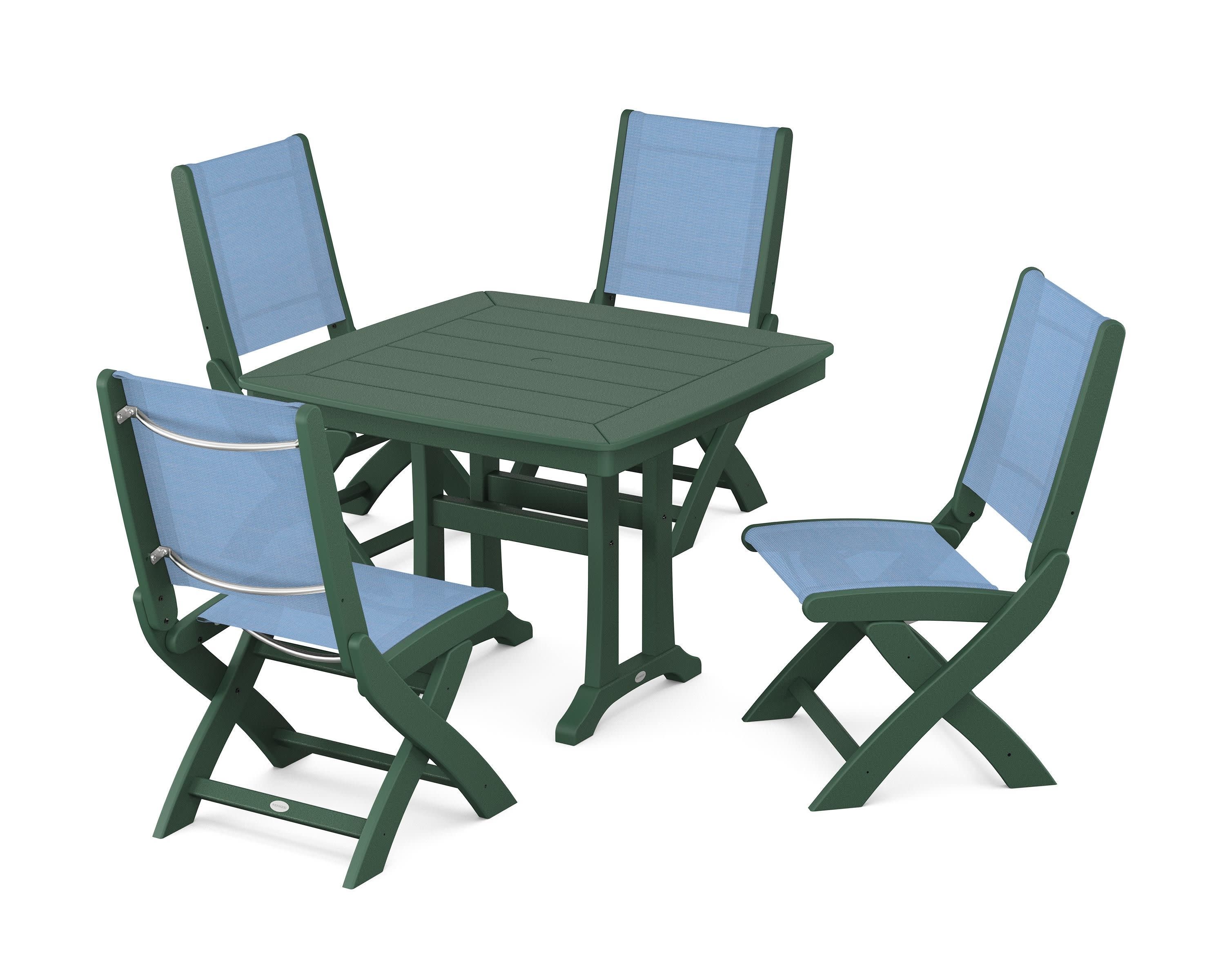Coastal Folding Side Chair 5-Piece Dining Set with Trestle Legs in Green / Poolside Sling