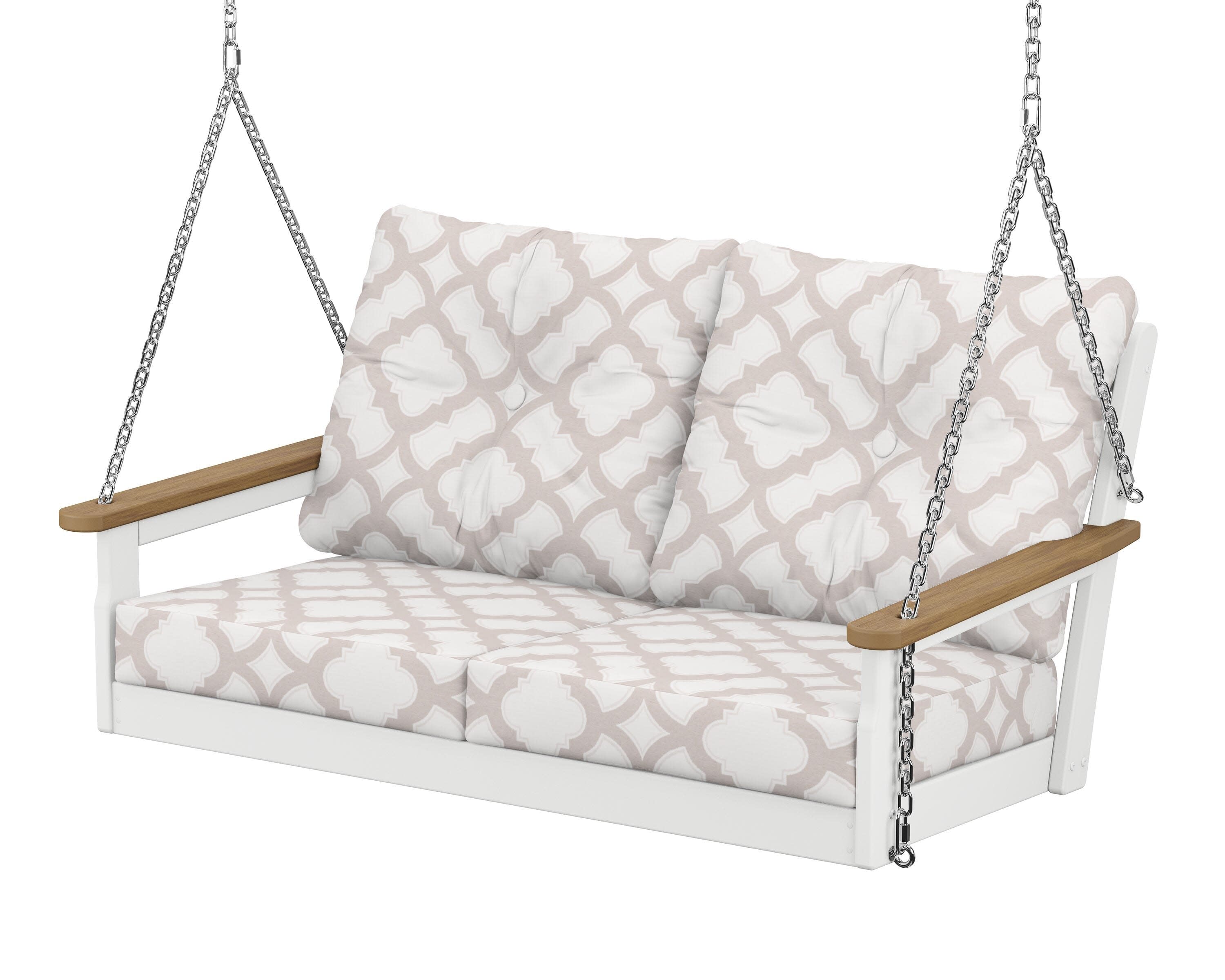 Vineyard Deep Seating Swing in White / Natural / Trellis Dune Burlap