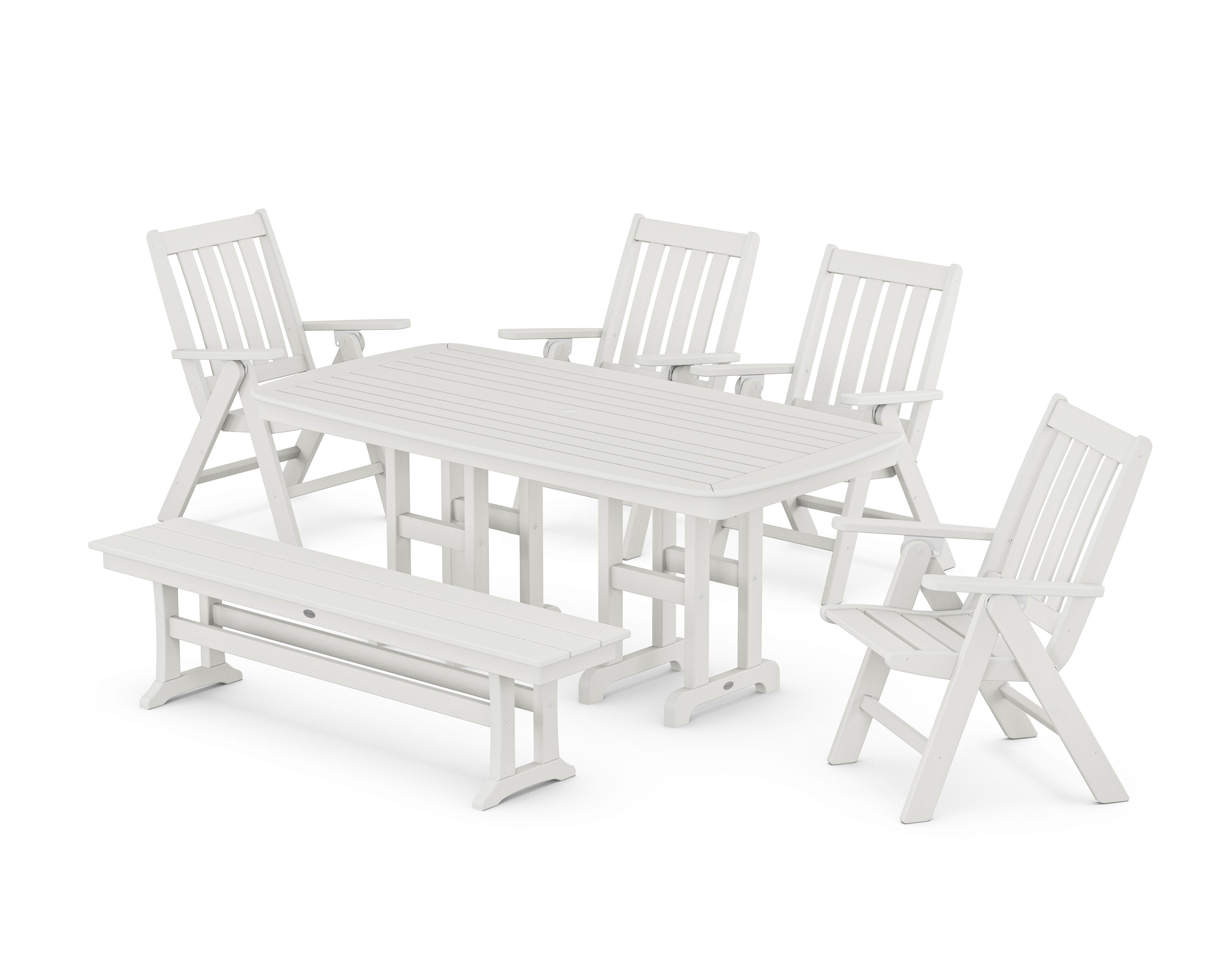 Vineyard Folding Chair 6-Piece Dining Set with Bench in Vintage White