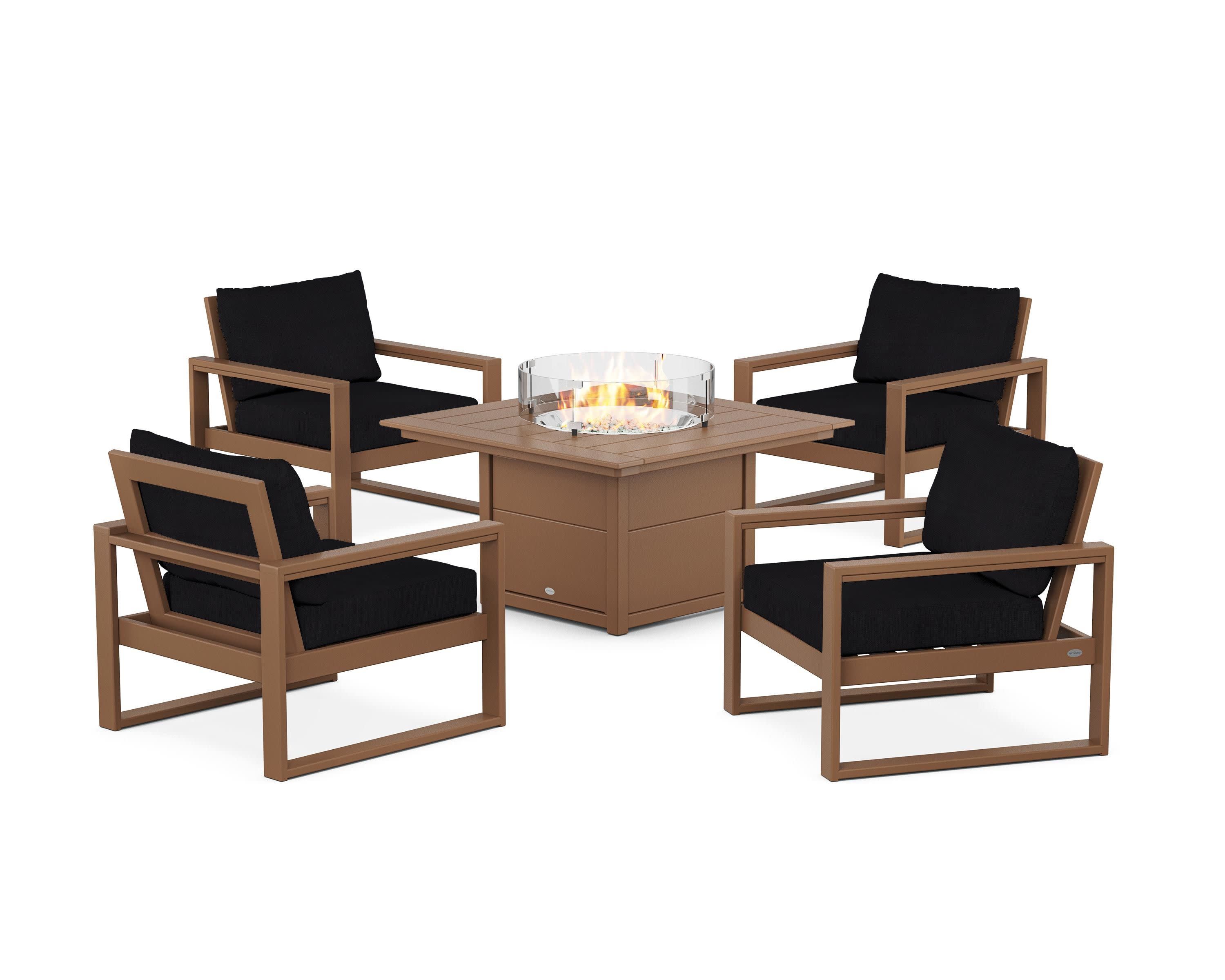 EDGE Sectional 5-Piece Deep Seating Set with Fire Pit Table in Teak / Midnight Linen
