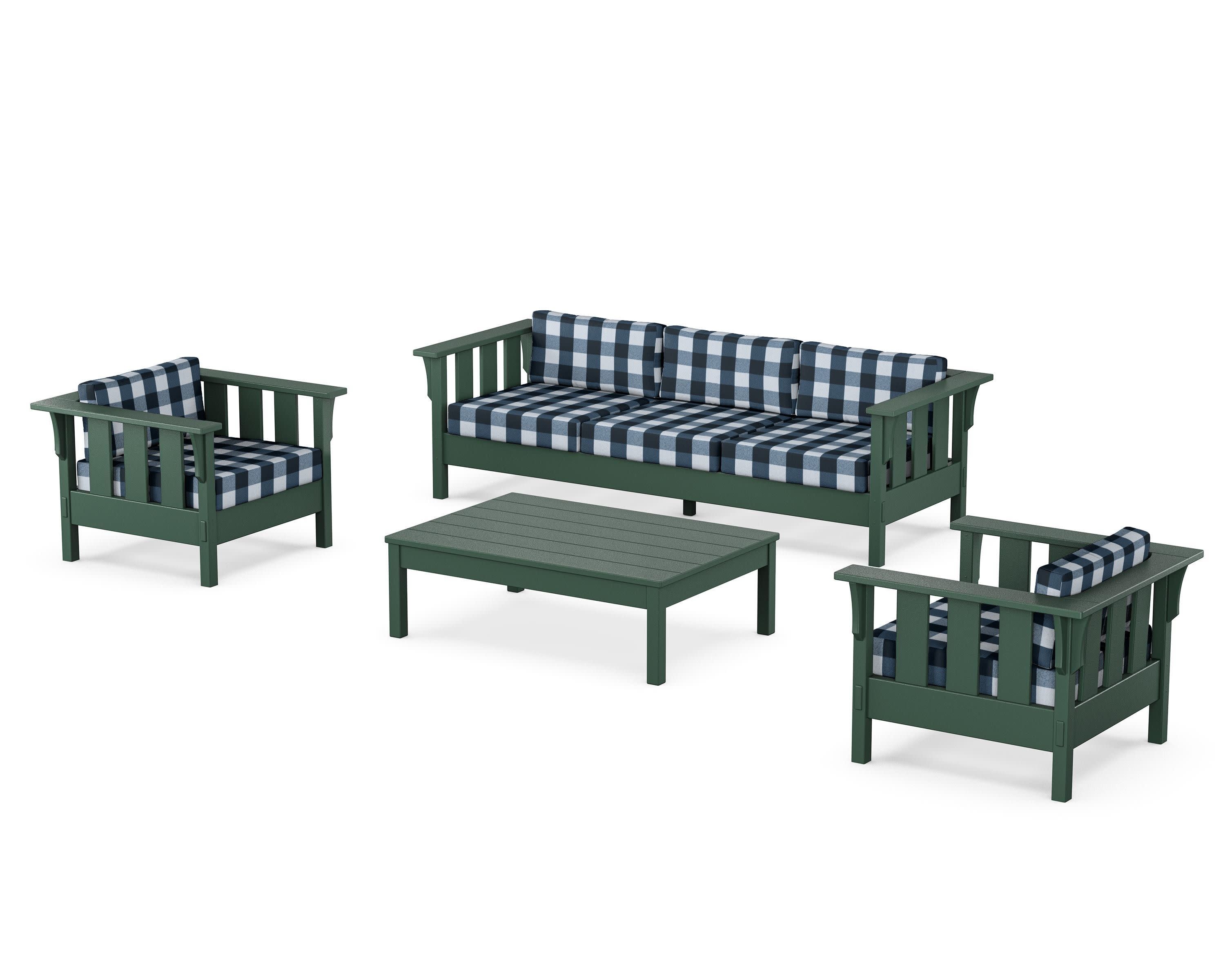 Acadia 4-Piece Deep Seating Set with Sofa in Green / Buffalo Plaid Marine Indigo