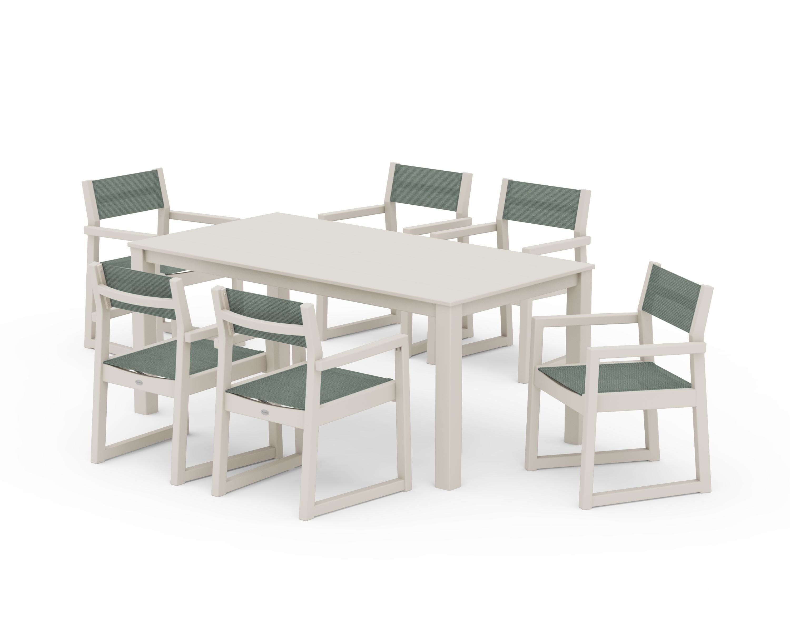 EDGE Sling Arm Chair 7-Piece Parsons Dining Set in Sand / Dupioni Sea Mist Sling