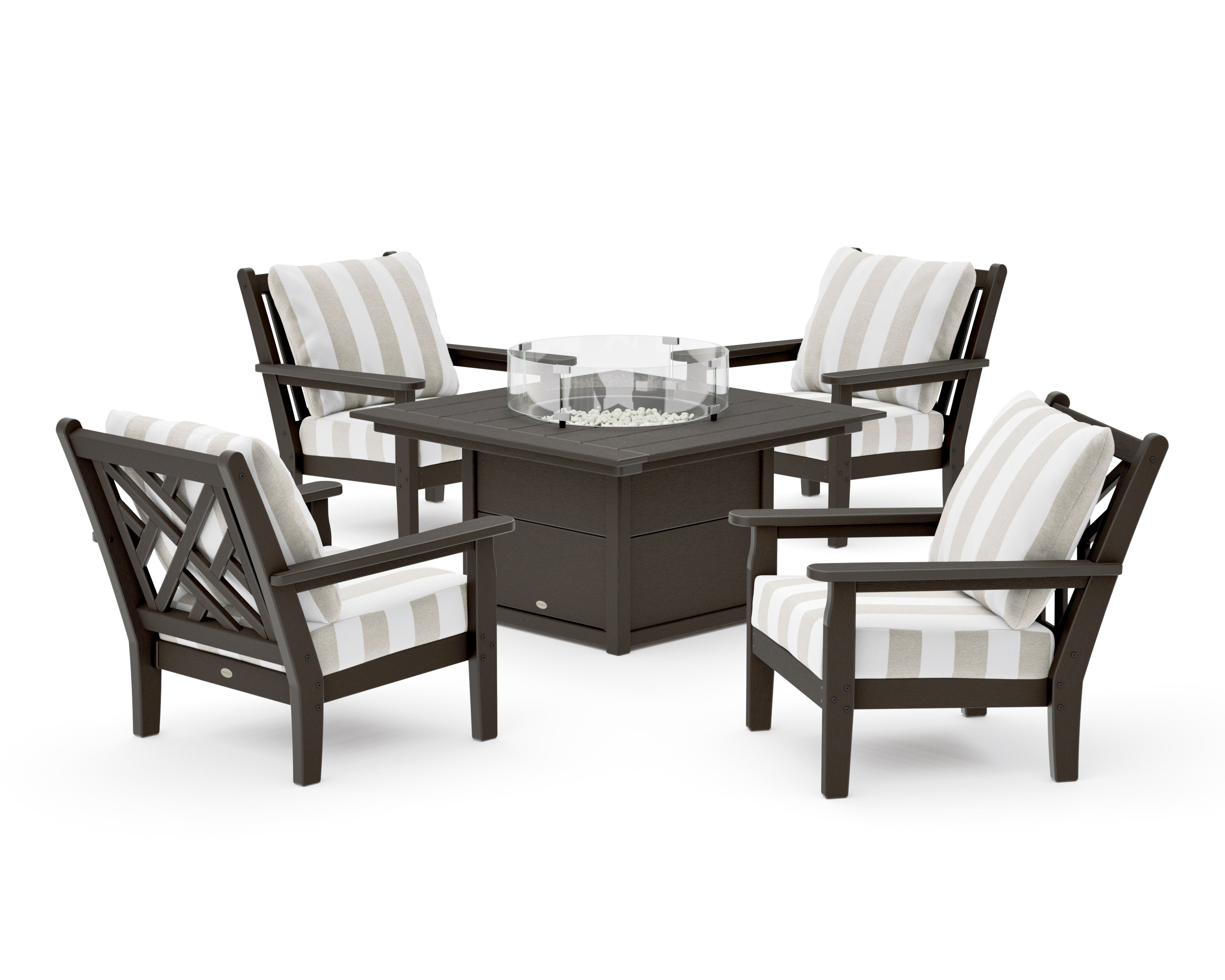 Chippendale 5-Piece Deep Seating Set with Fire Pit Table in Vintage Coffee / Cabana Stripe Dune Burlap