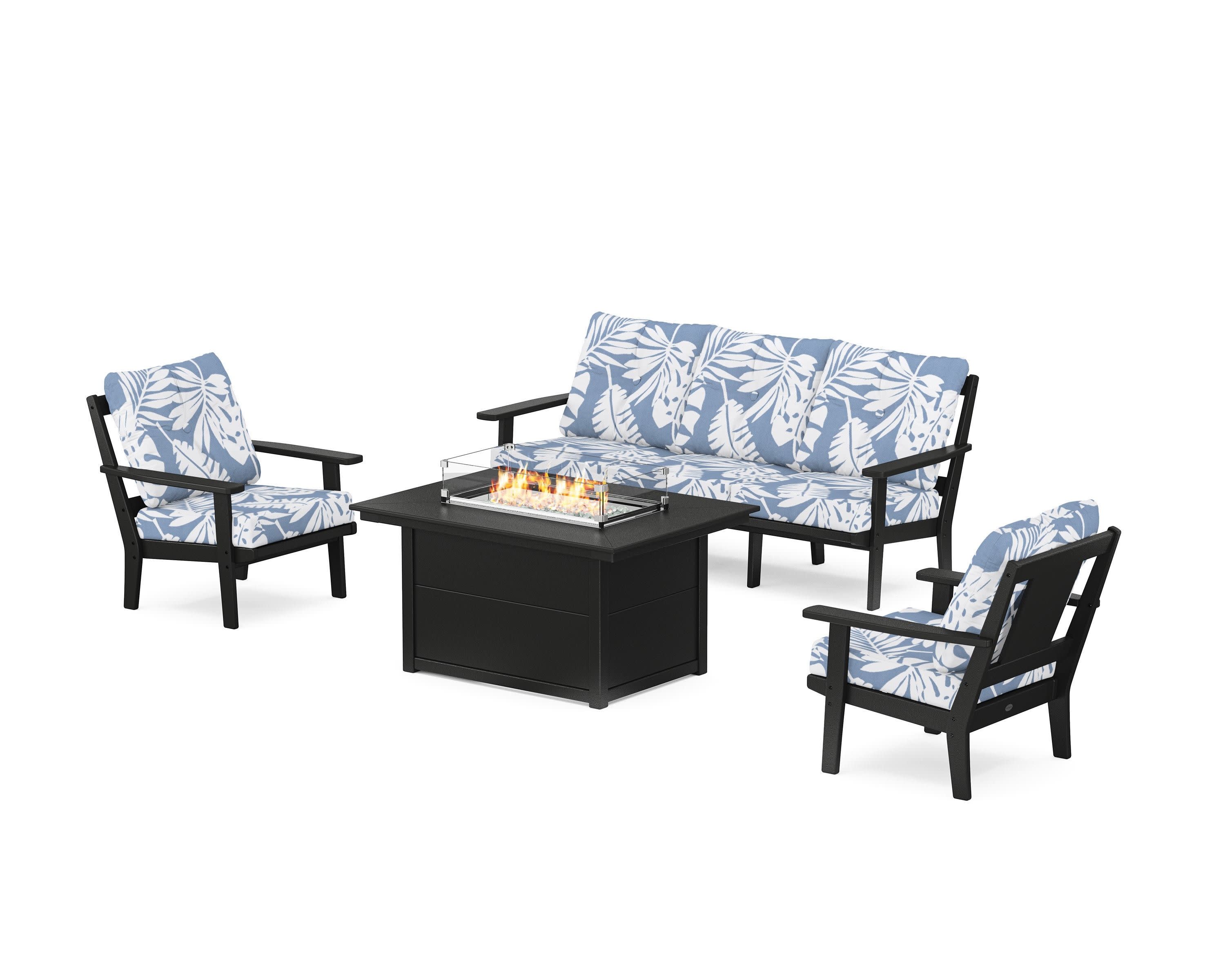 Prairie Deep Seating Fire Pit Table Set in Black / Leaf Sky Blue