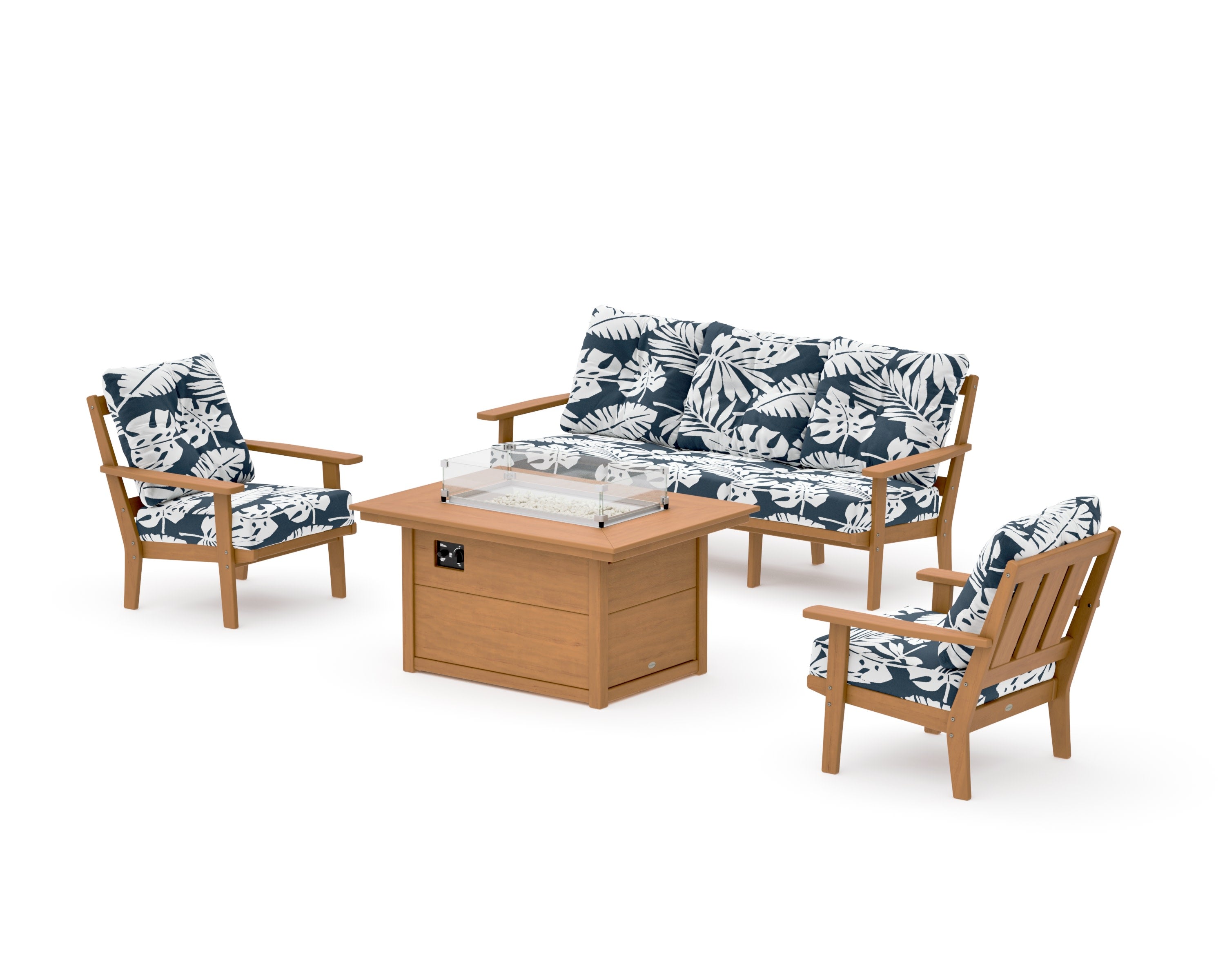 Oxford Deep Seating Fire Pit Table Set in Natural / Leaf Marine Indigo