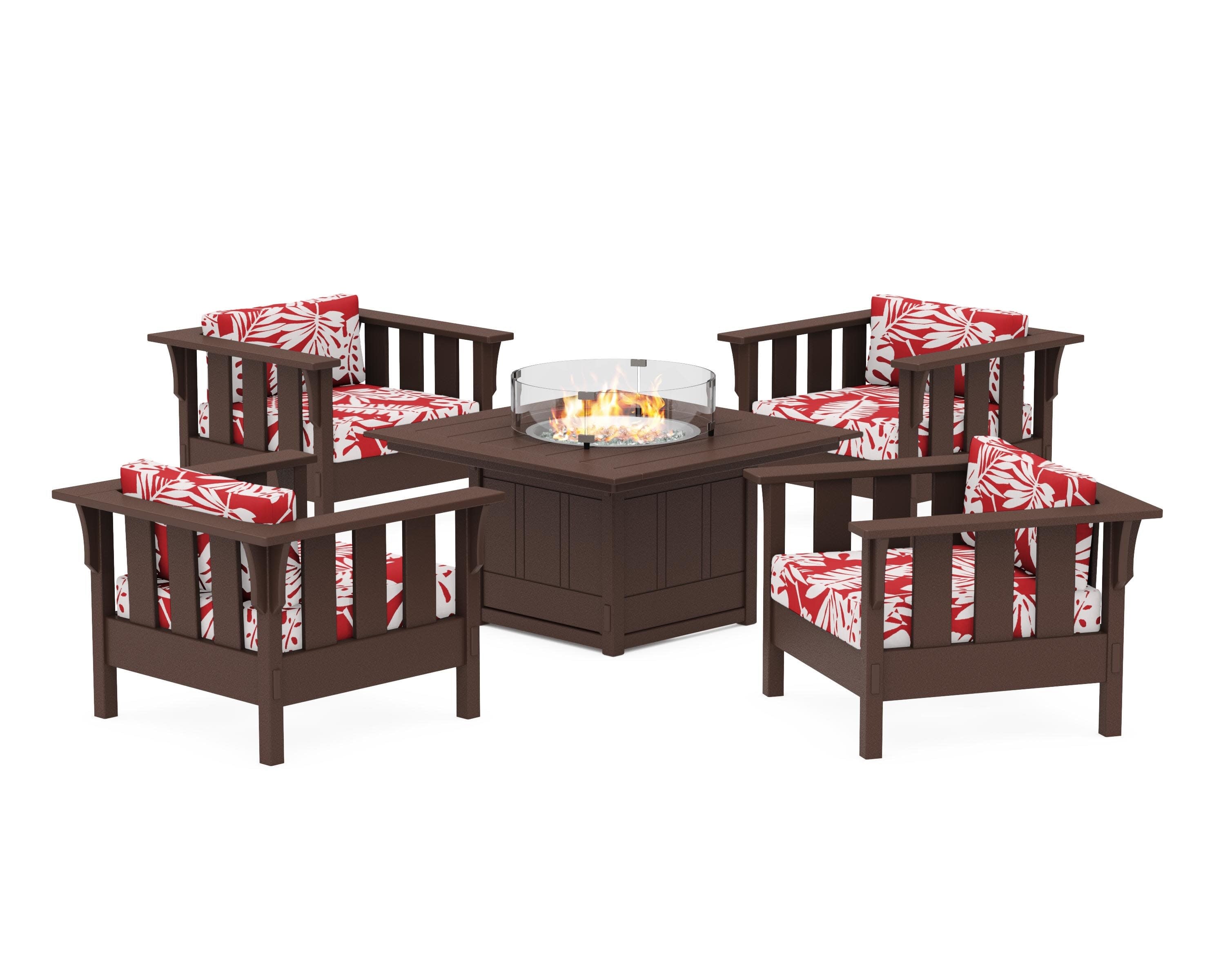 Acadia 5-Piece Deep Seating Set with Fire Pit Table in Mahogany / Leaf Crimson