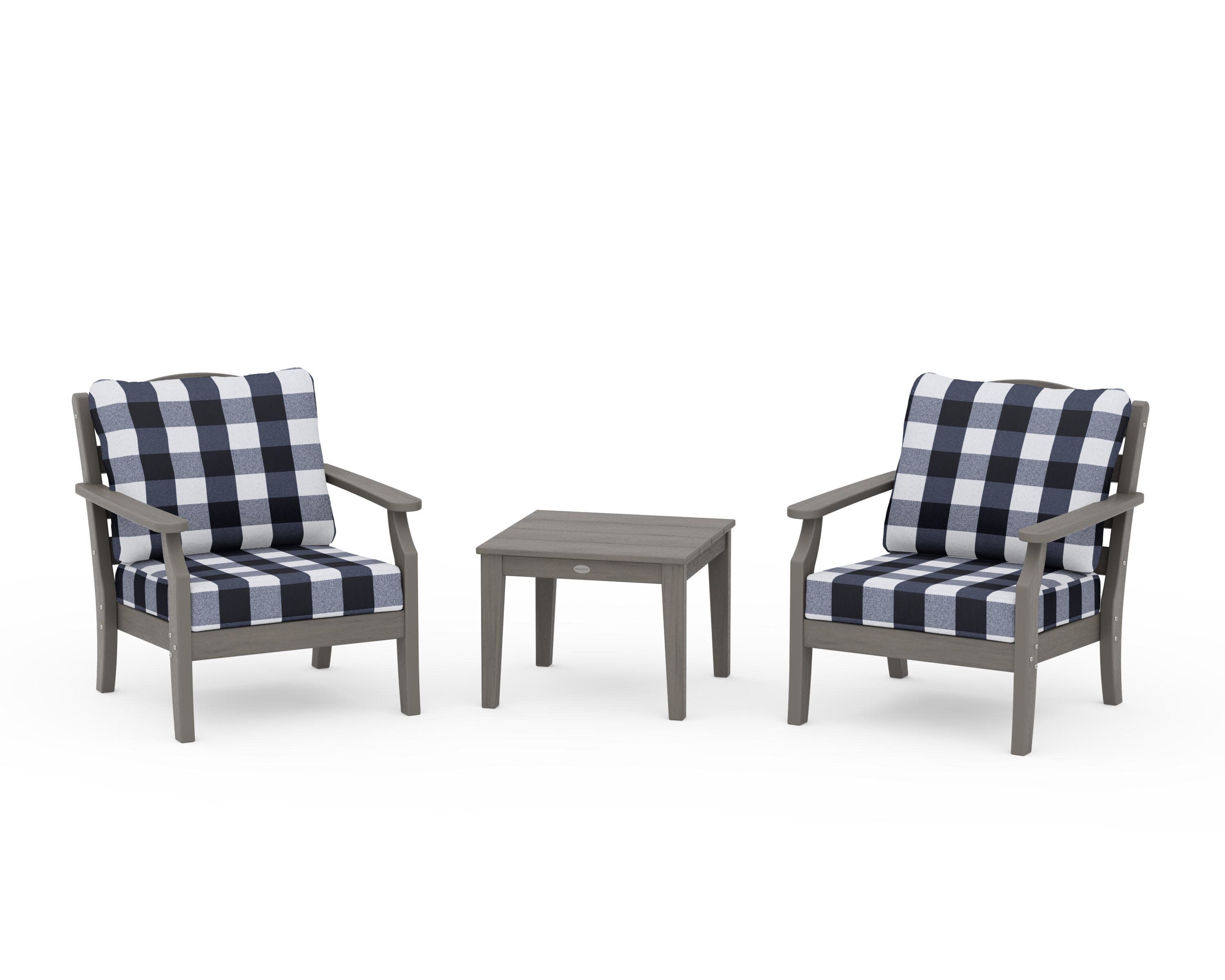 Savannah 3-Piece Deep Seating Set in Driftwood / Buffalo Plaid Marine Indigo