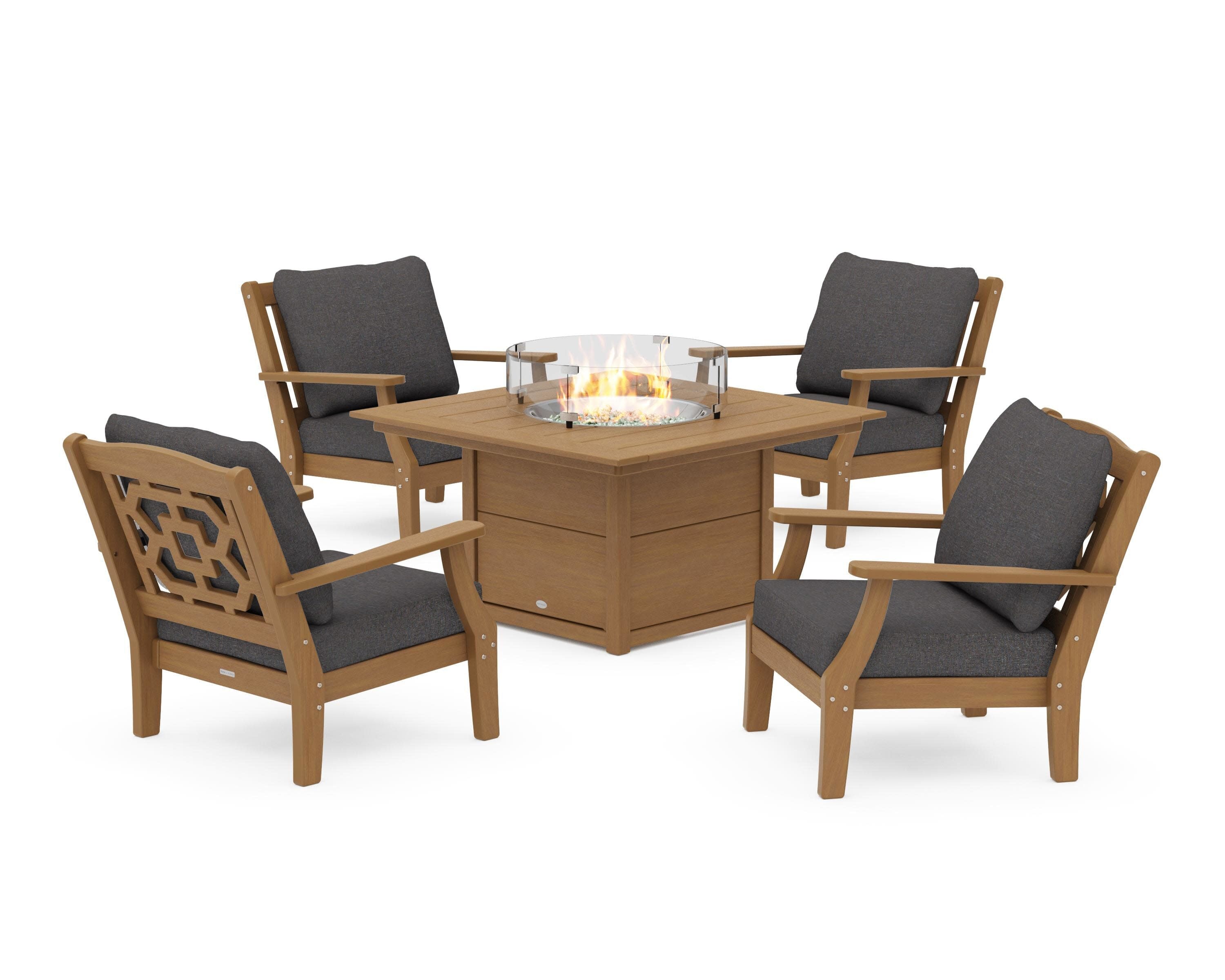 Chinoiserie 5-Piece Deep Seating Set with Fire Pit Table in Natural / Ash Charcoal