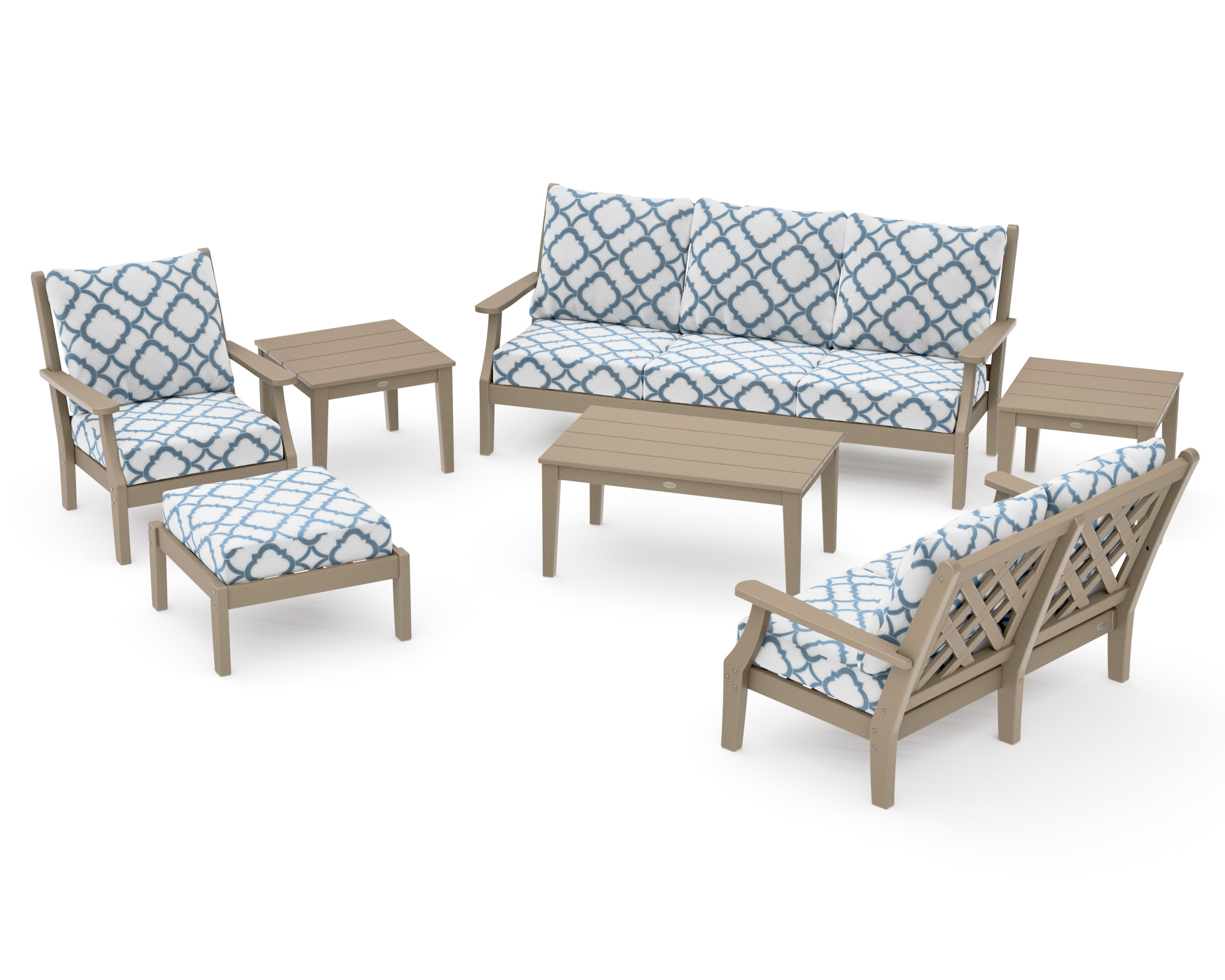 Wovendale 7-Piece Deep Seating Set in Vintage Sahara / Trellis Sky Blue