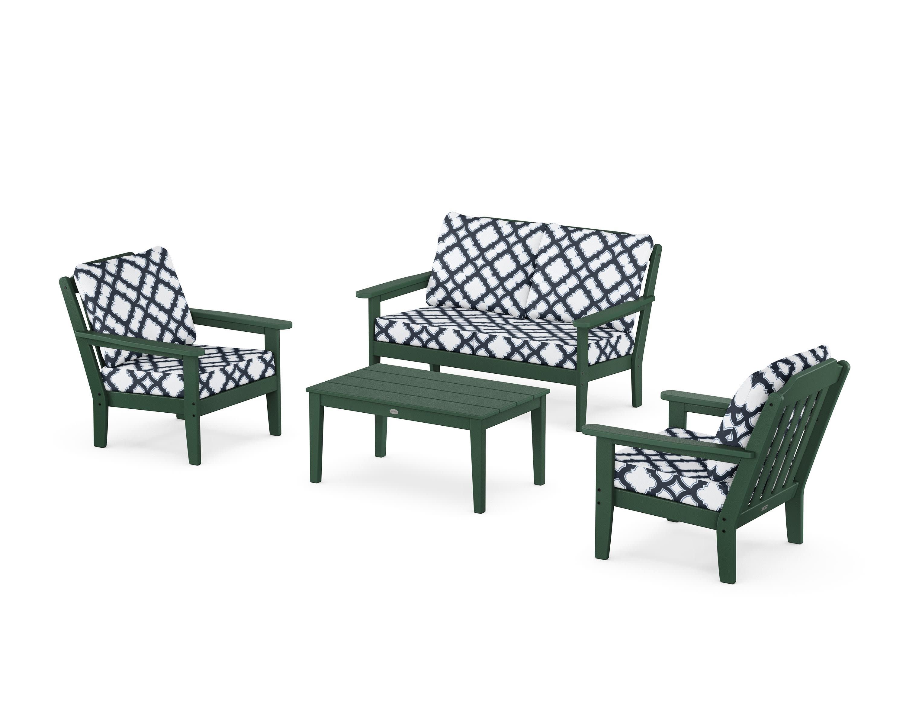 Cottage 4-Piece Deep Seating Set with Loveseat in Green / Trellis Marine Indigo