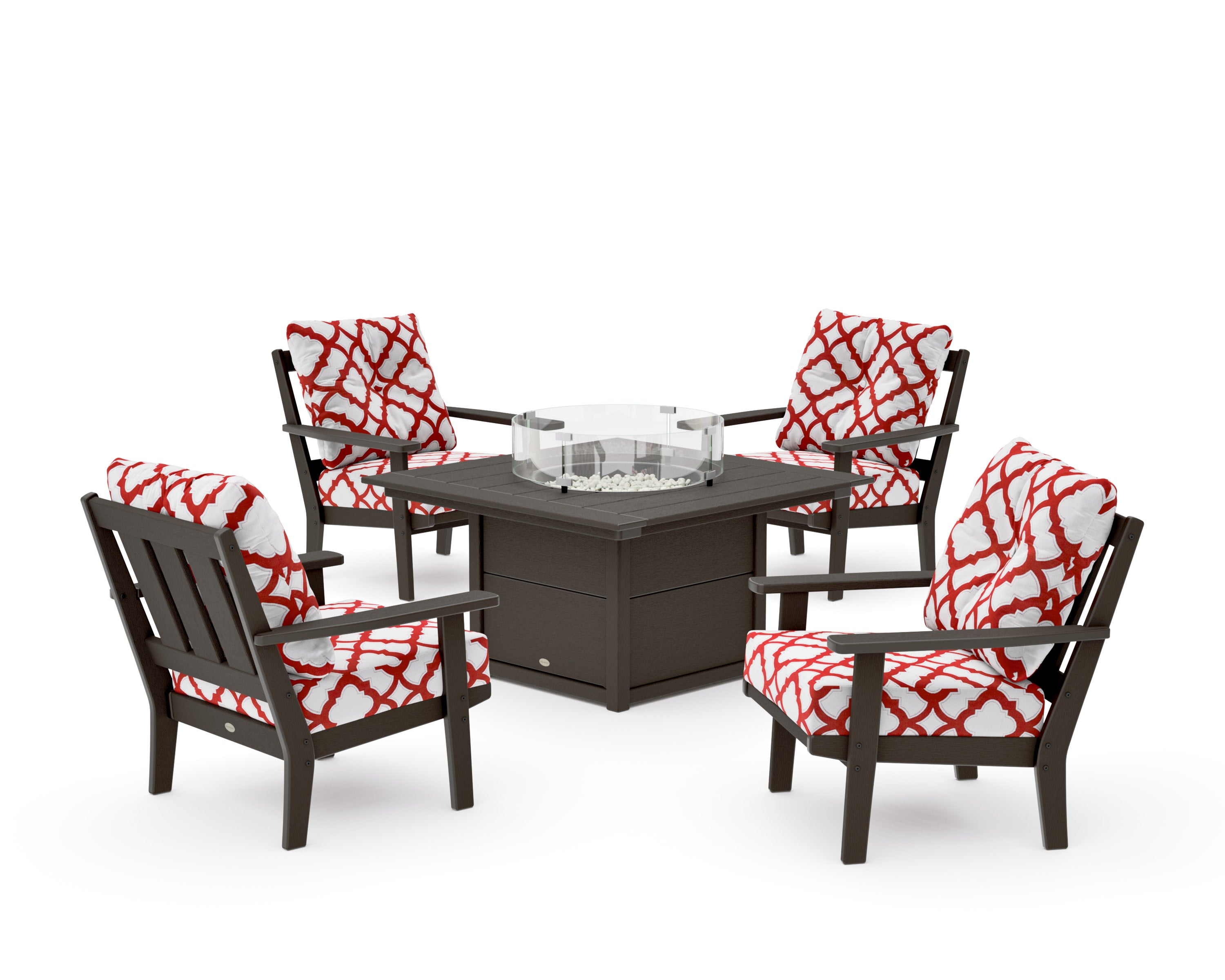 Oxford 5-Piece Deep Seating Set with Fire Pit Table in Vintage Coffee / Trellis Crimson