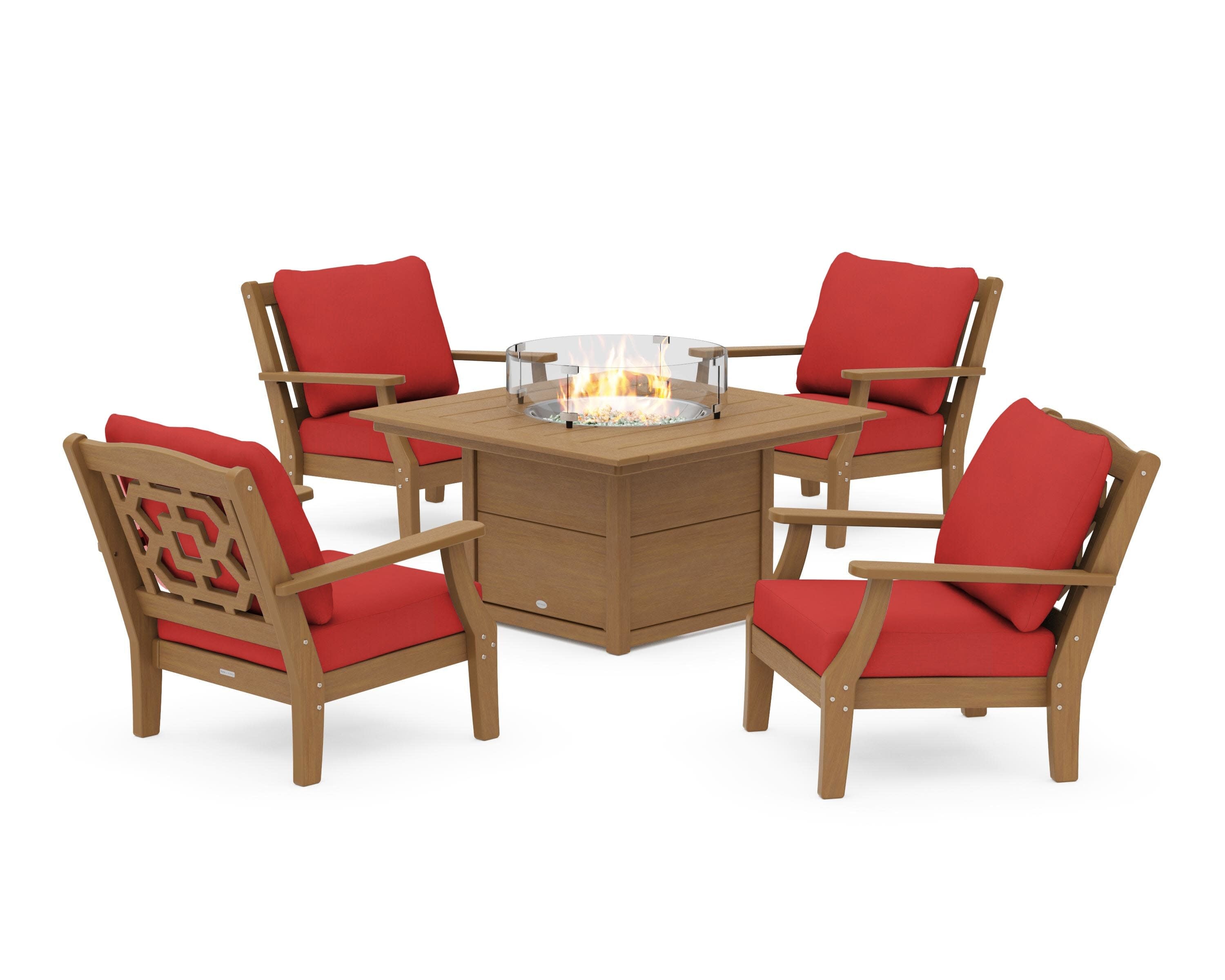 Chinoiserie 5-Piece Deep Seating Set with Fire Pit Table in Natural / Crimson Linen