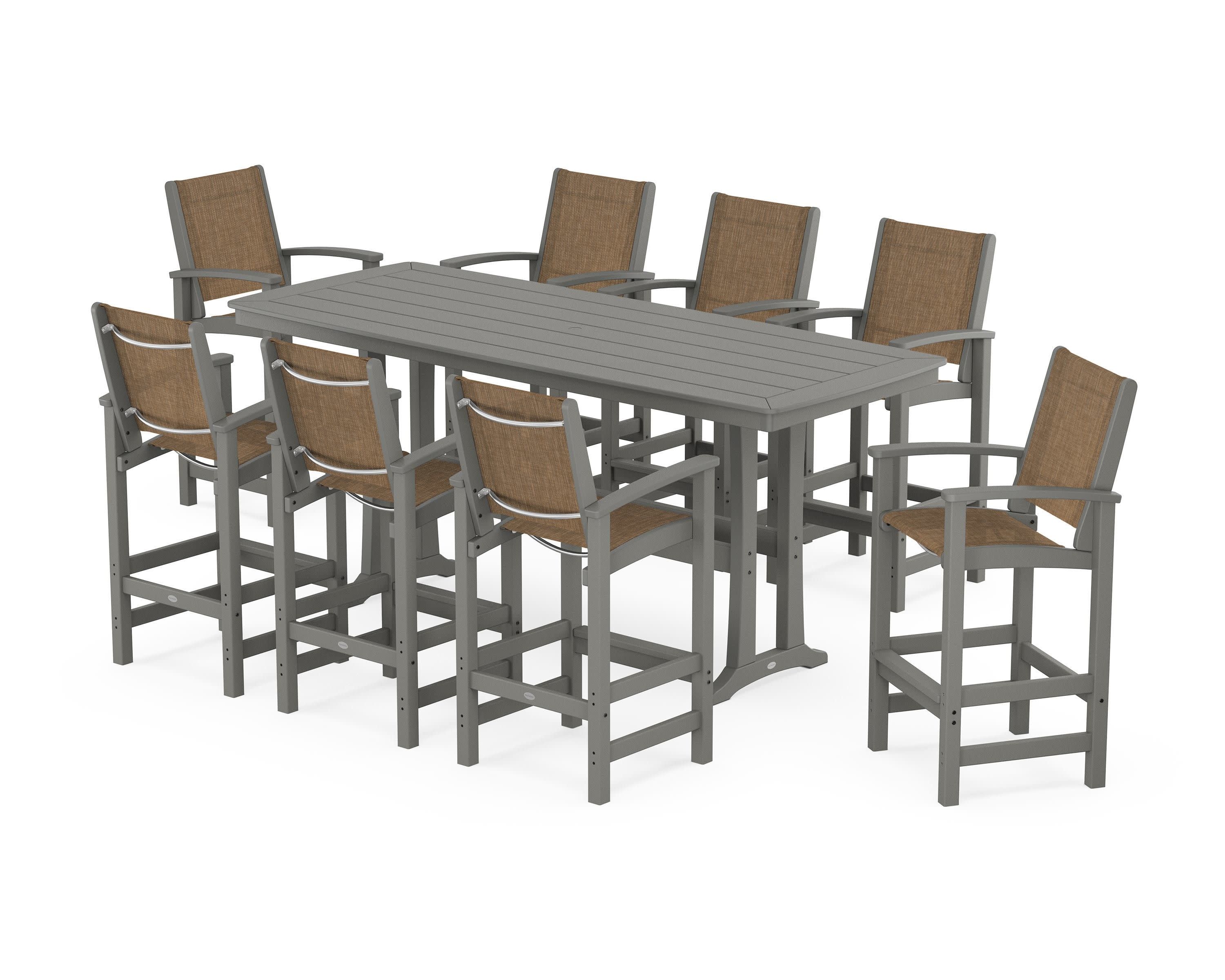 Coastal 9-Piece Bar Set with Trestle Legs in Slate Grey / Burlap Sling