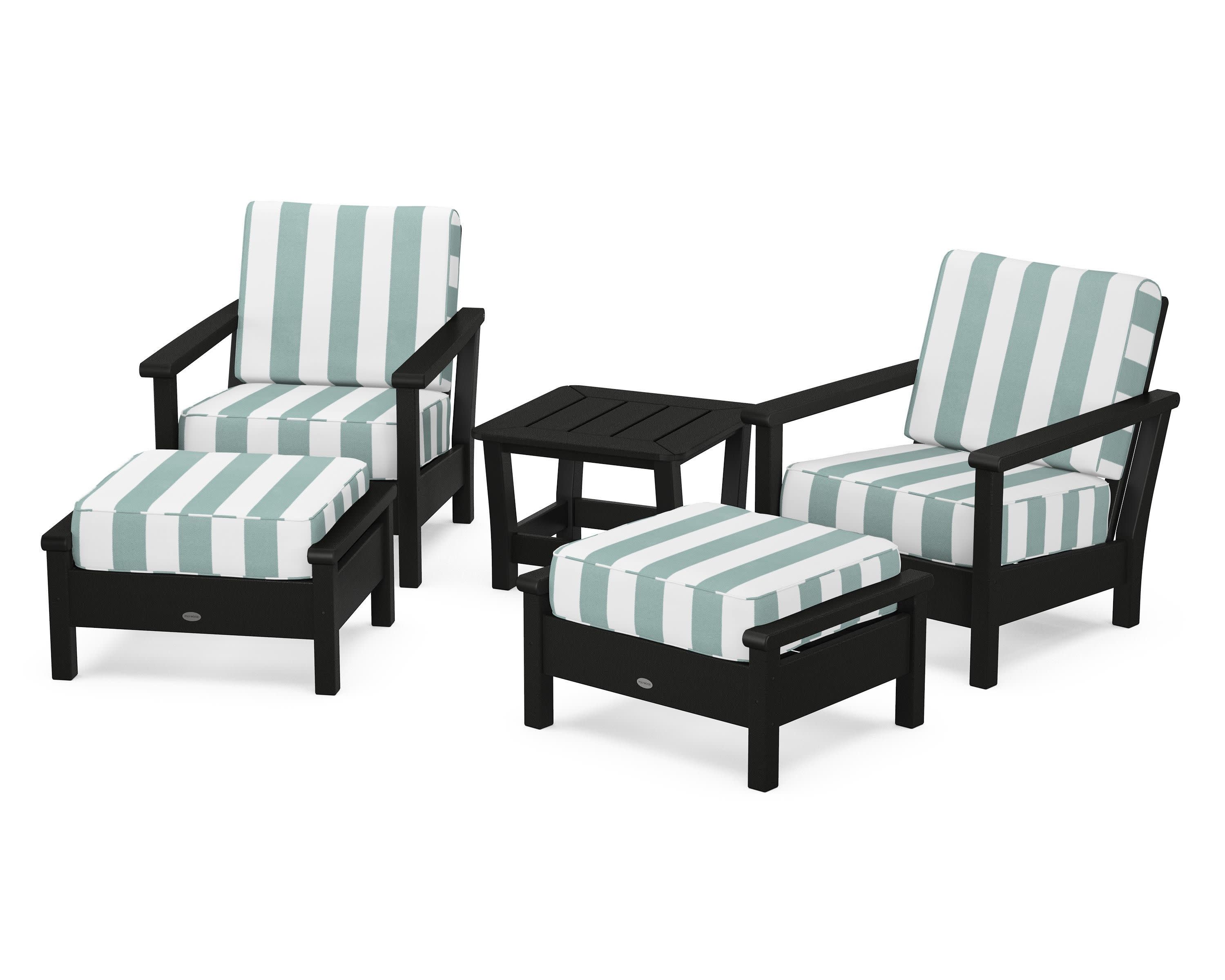 Harbour 5-Piece Deep Seating Chair Set in Black / Cabana Stripe Glacier Spa