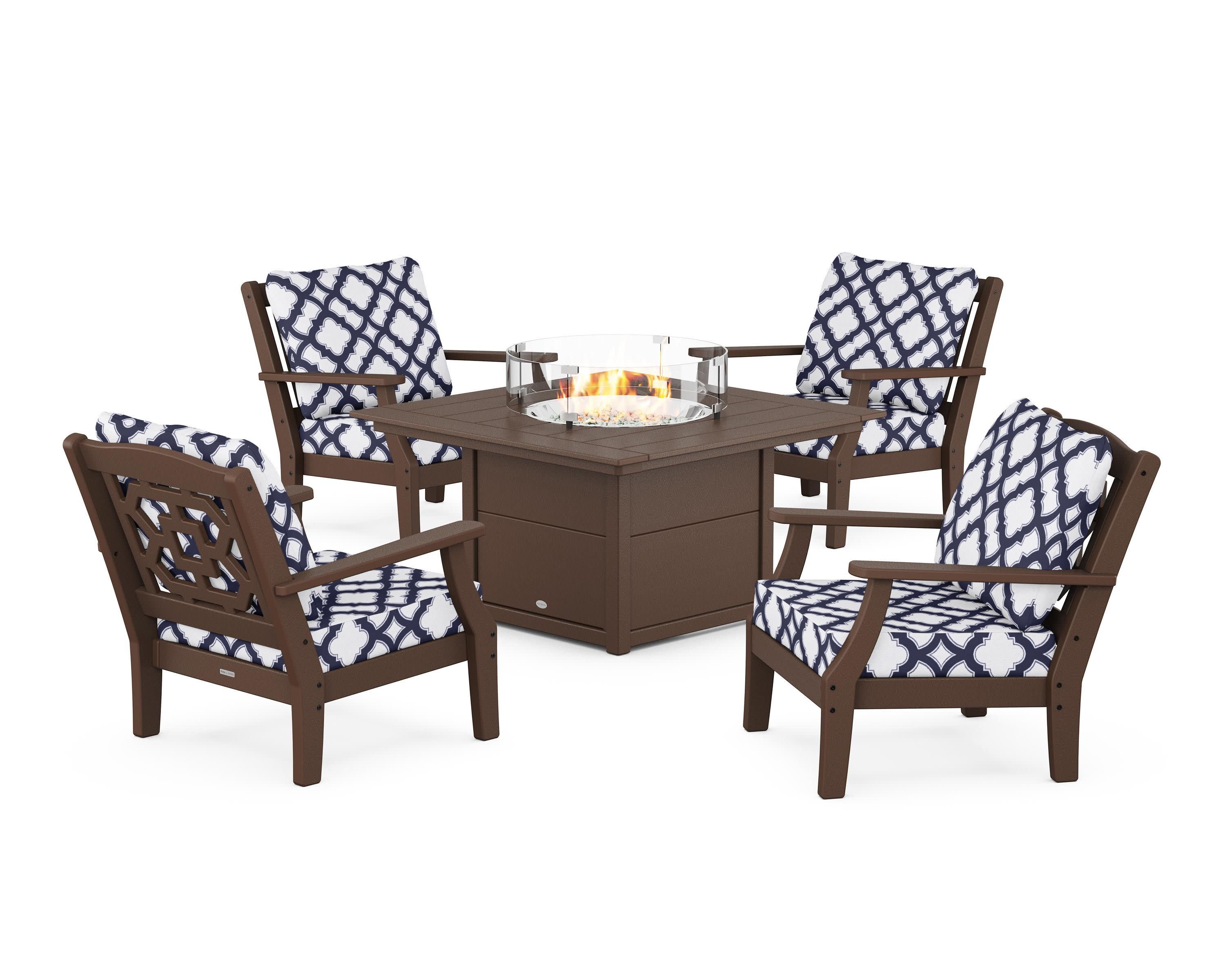 Chinoiserie 5-Piece Deep Seating Set with Fire Pit Table in Mahogany / Trellis Navy