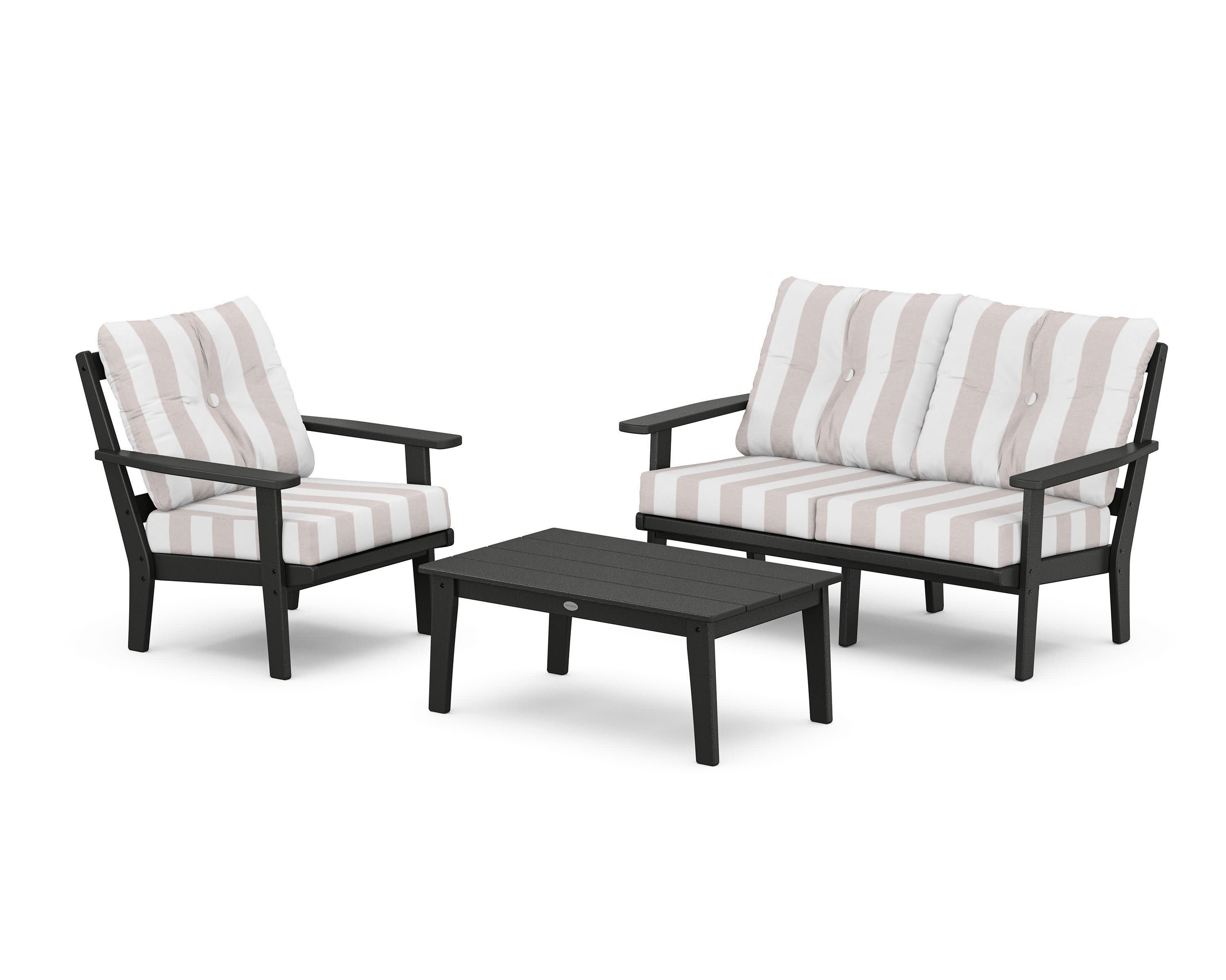 Oxford 3-Piece Deep Seating Set with Loveseat in Black / Cabana Stripe Dune Burlap