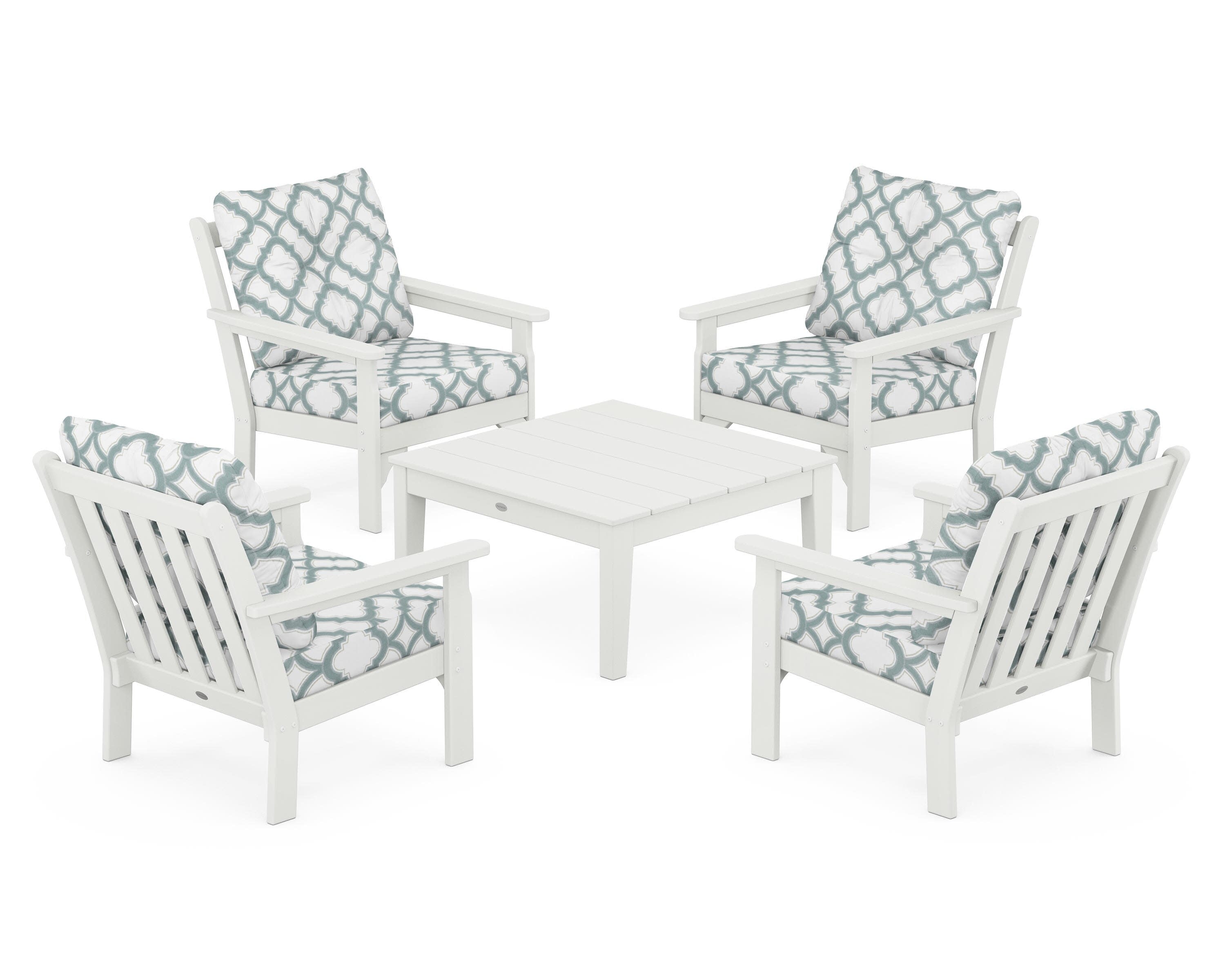 Vineyard 5-Piece Deep Seating Conversation Set in Vintage White / Trellis Glacier Spa