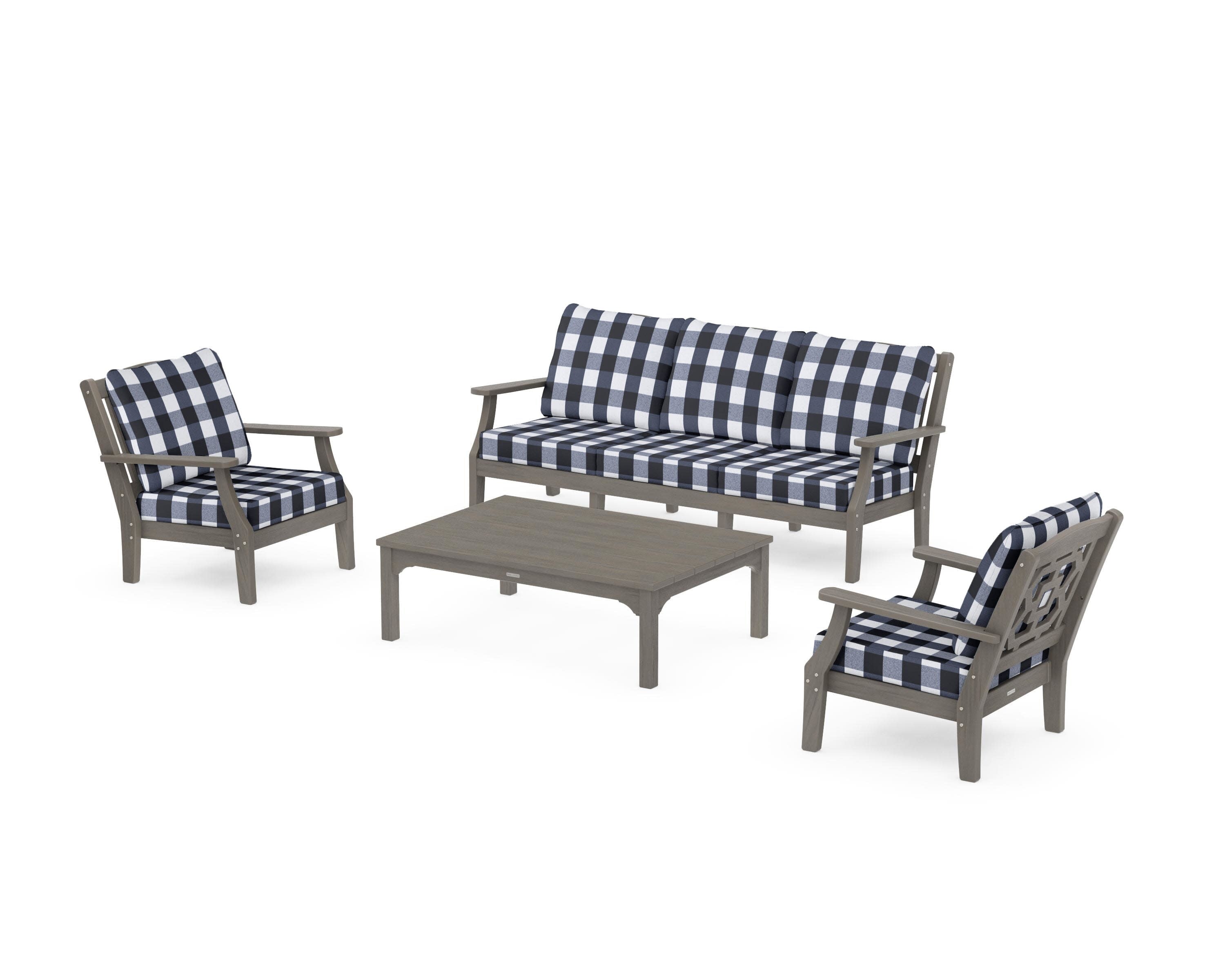 Chinoiserie 4-Piece Deep Seating Set with Sofa in Driftwood / Buffalo Plaid Marine Indigo