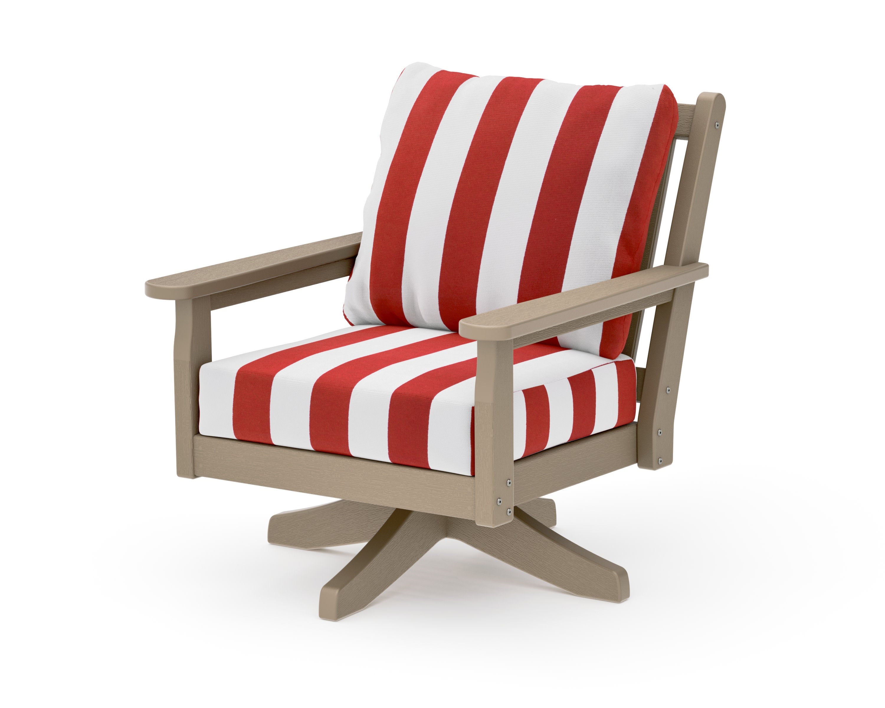 Chippendale Deep Seating Swivel Chair in Vintage Sahara / Cabana Stripe Crimson
