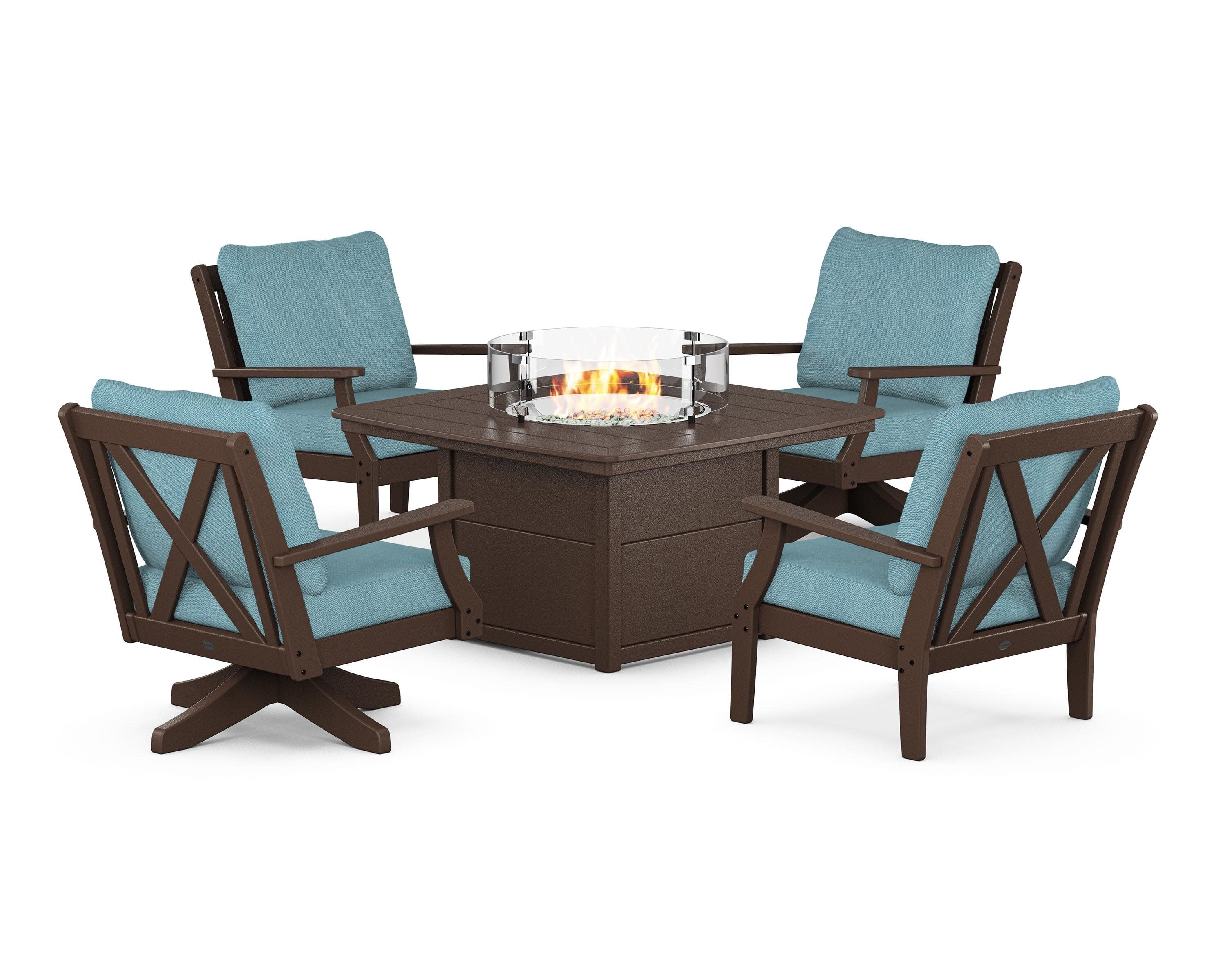 Braxton 5-Piece Deep Seating Set with Fire Table in Mahogany / Lattice Sky Blue