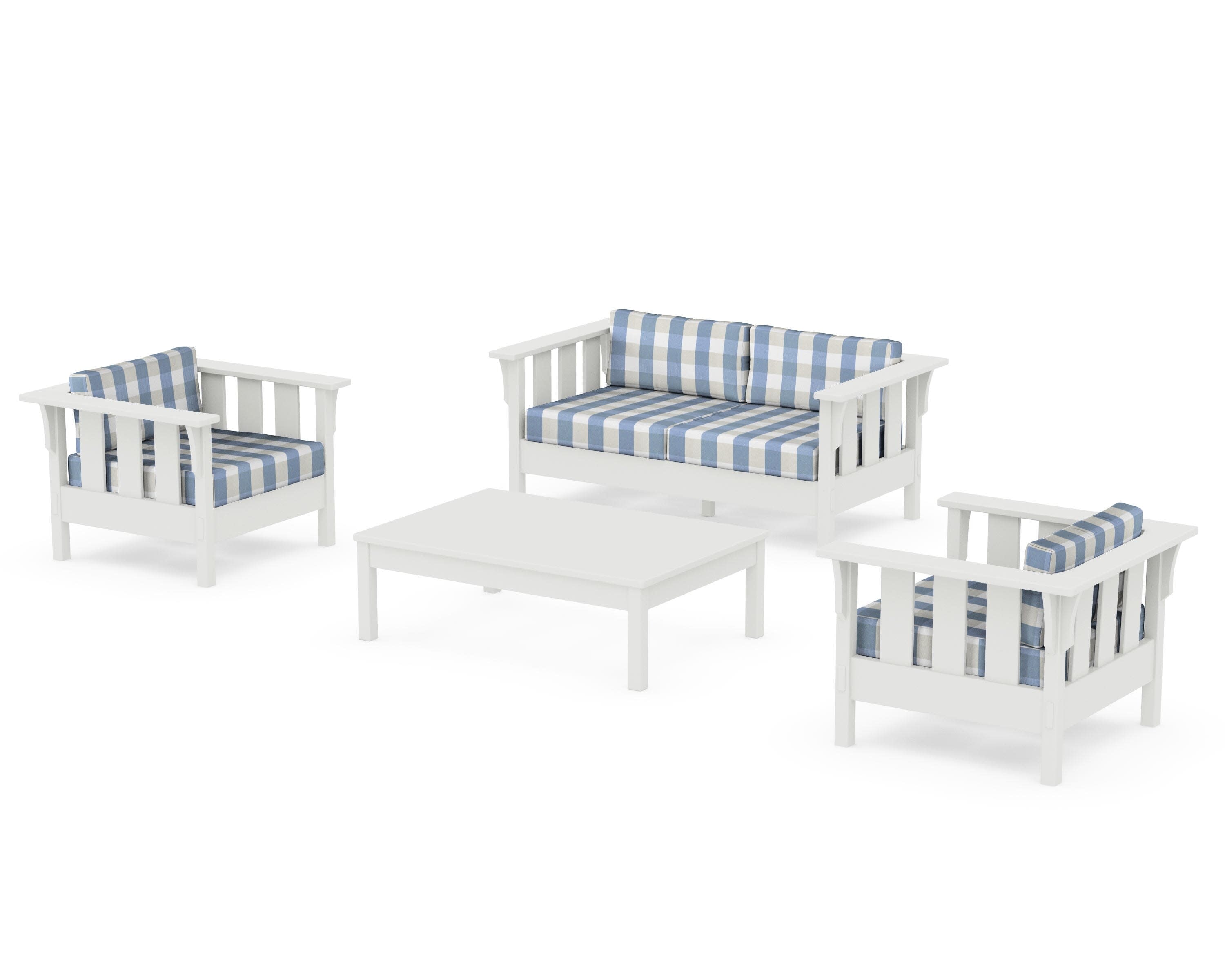 Acadia 4-Piece Deep Seating Set with Loveseat in Vintage White / Buffalo Plaid Sky Blue
