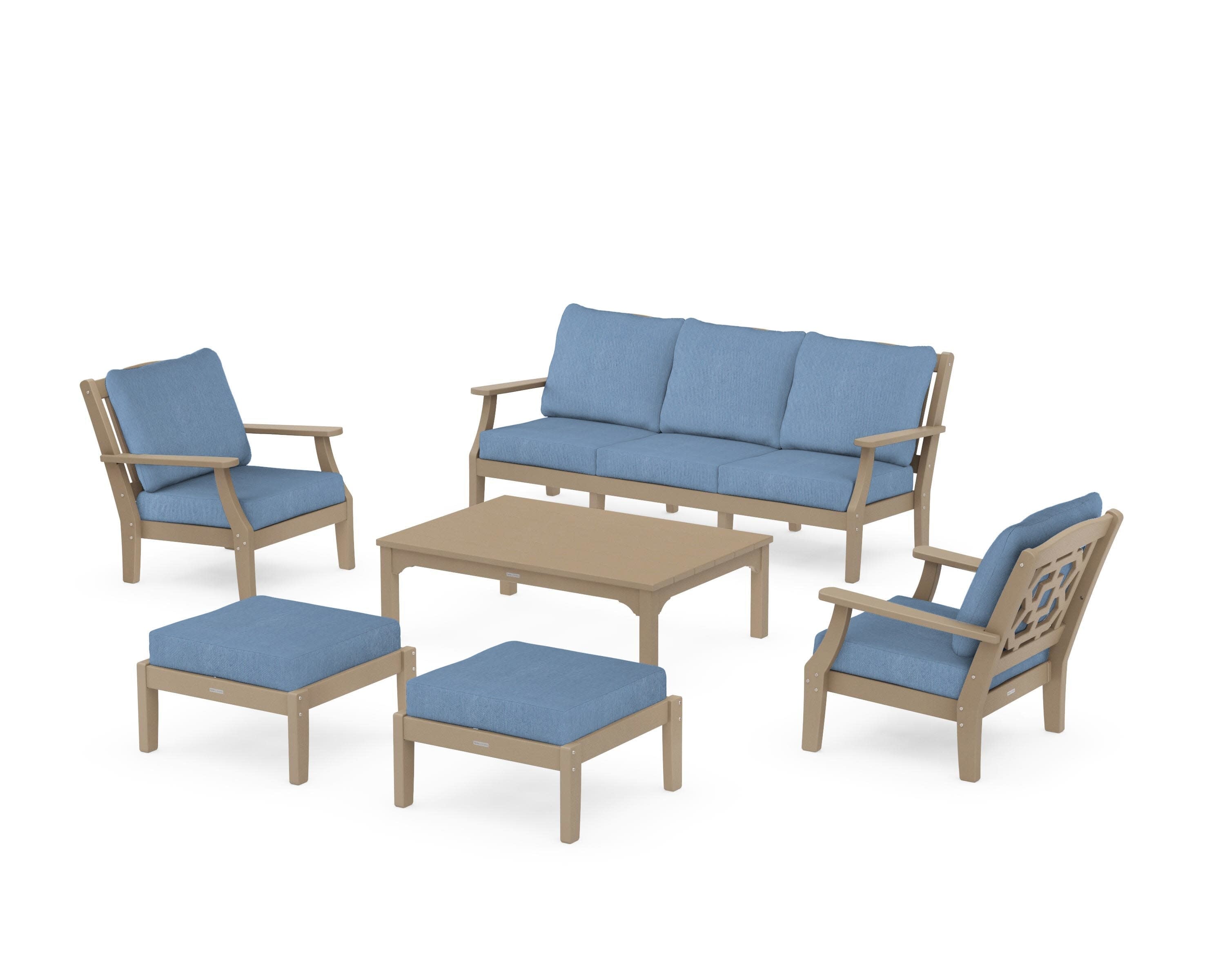 Chinoiserie 6-Piece Lounge Sofa Set in Vintage Sahara / Sky Blue