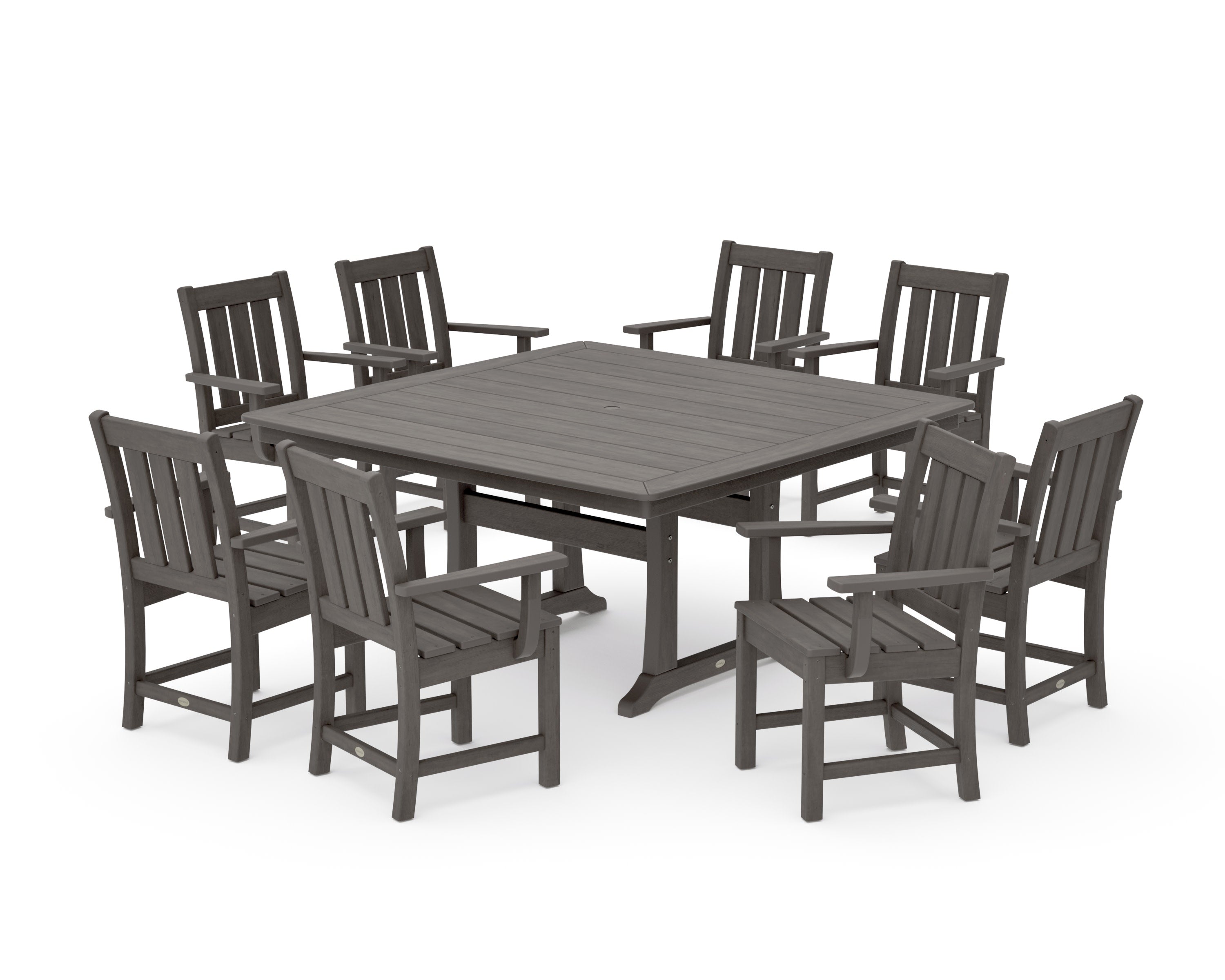 Oxford 9-Piece Square Dining Set with Trestle Legs in Driftwood