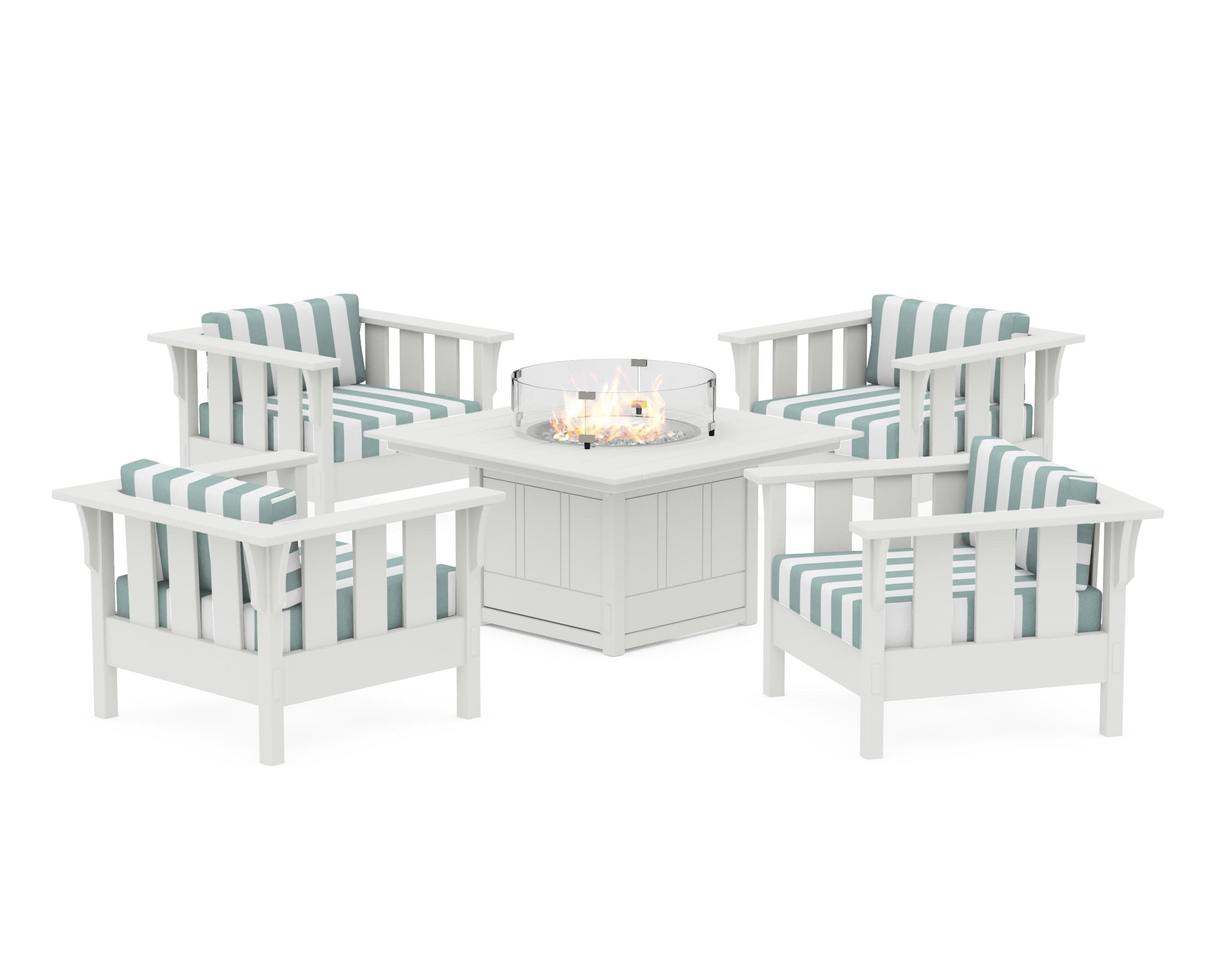 Acadia 5-Piece Deep Seating Set with Fire Pit Table in Vintage White / Cabana Stripe Glacier Spa