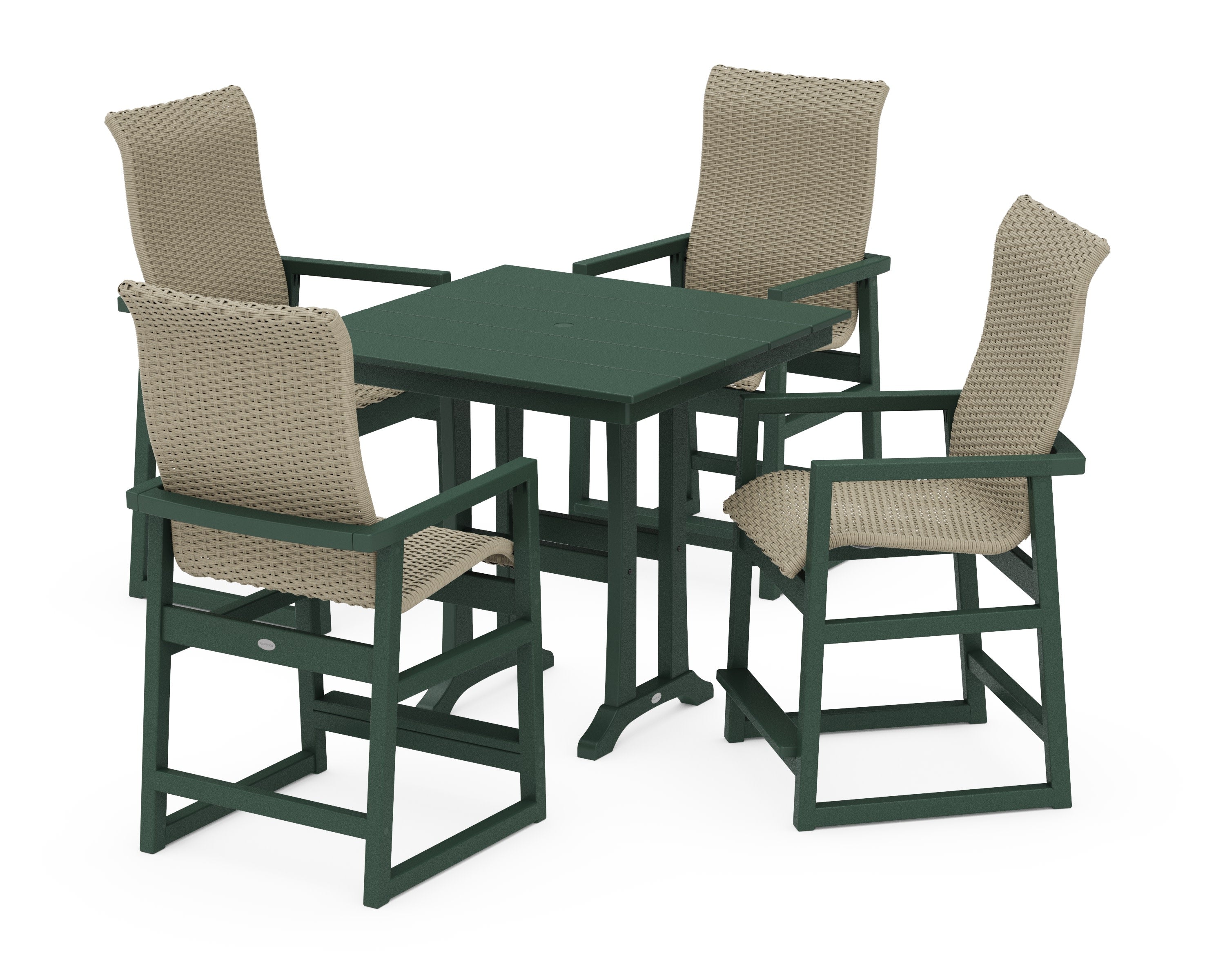 EDGE Woven Highback 5-Piece Farmhouse Counter Set with Trestle Legs in Green / Dune Grass